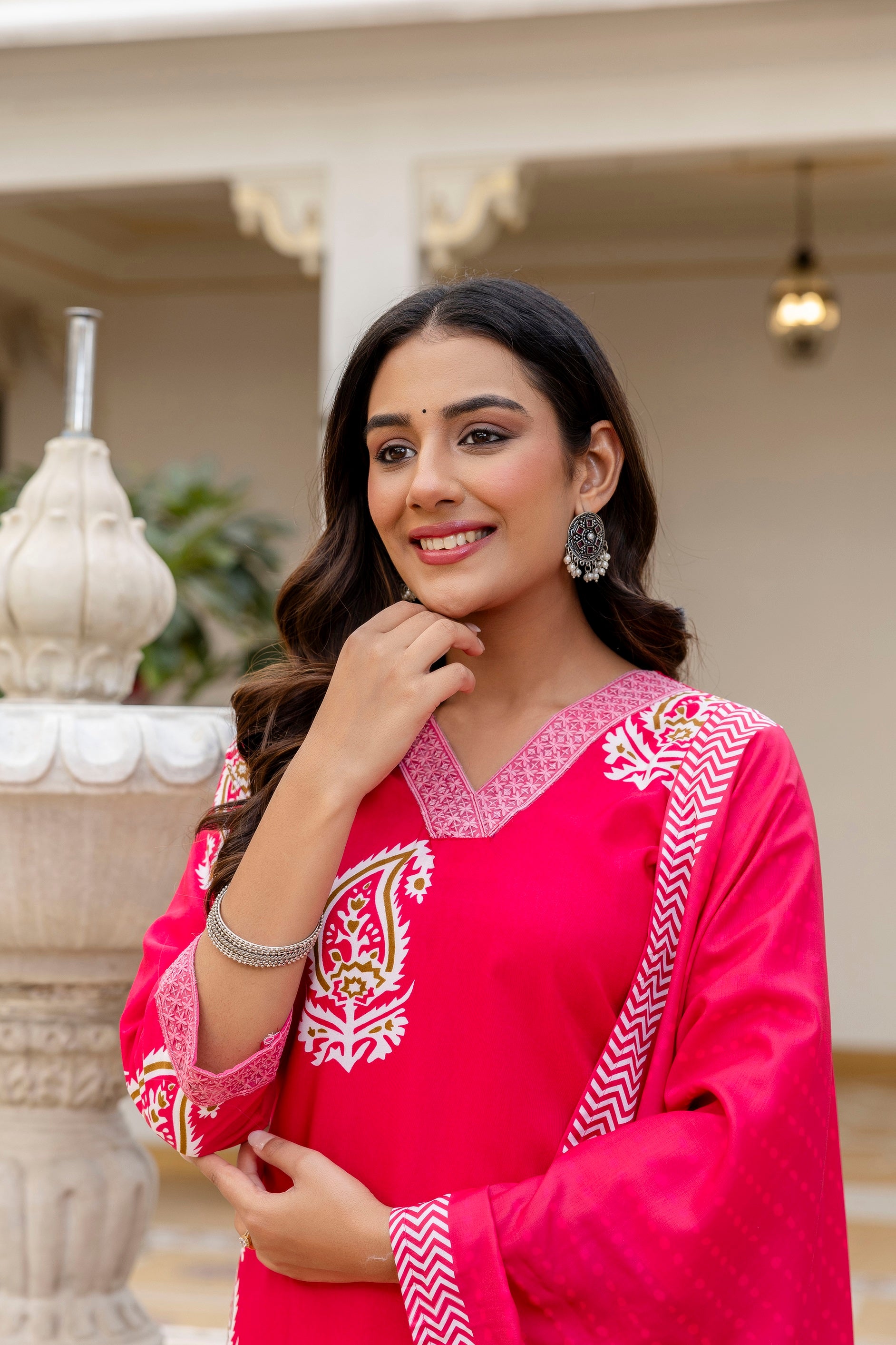 Pink Rayon Paisley Printed Straight Kurta Pant Set with Dupatta