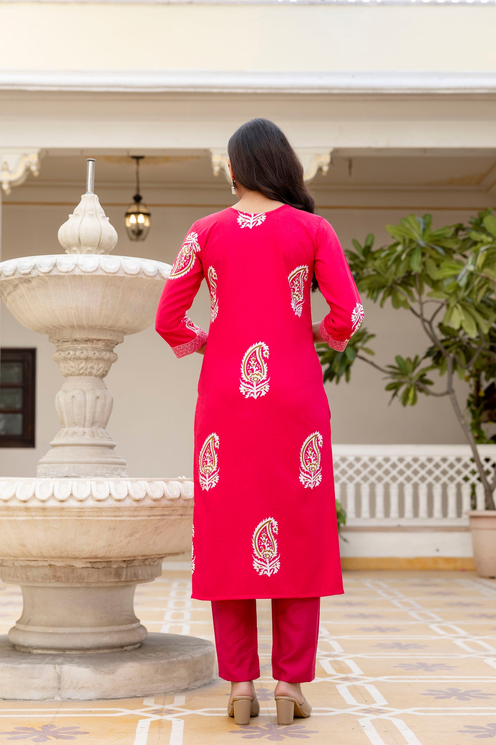 Pink Rayon Paisley Printed Straight Kurta Pant Set with Dupatta