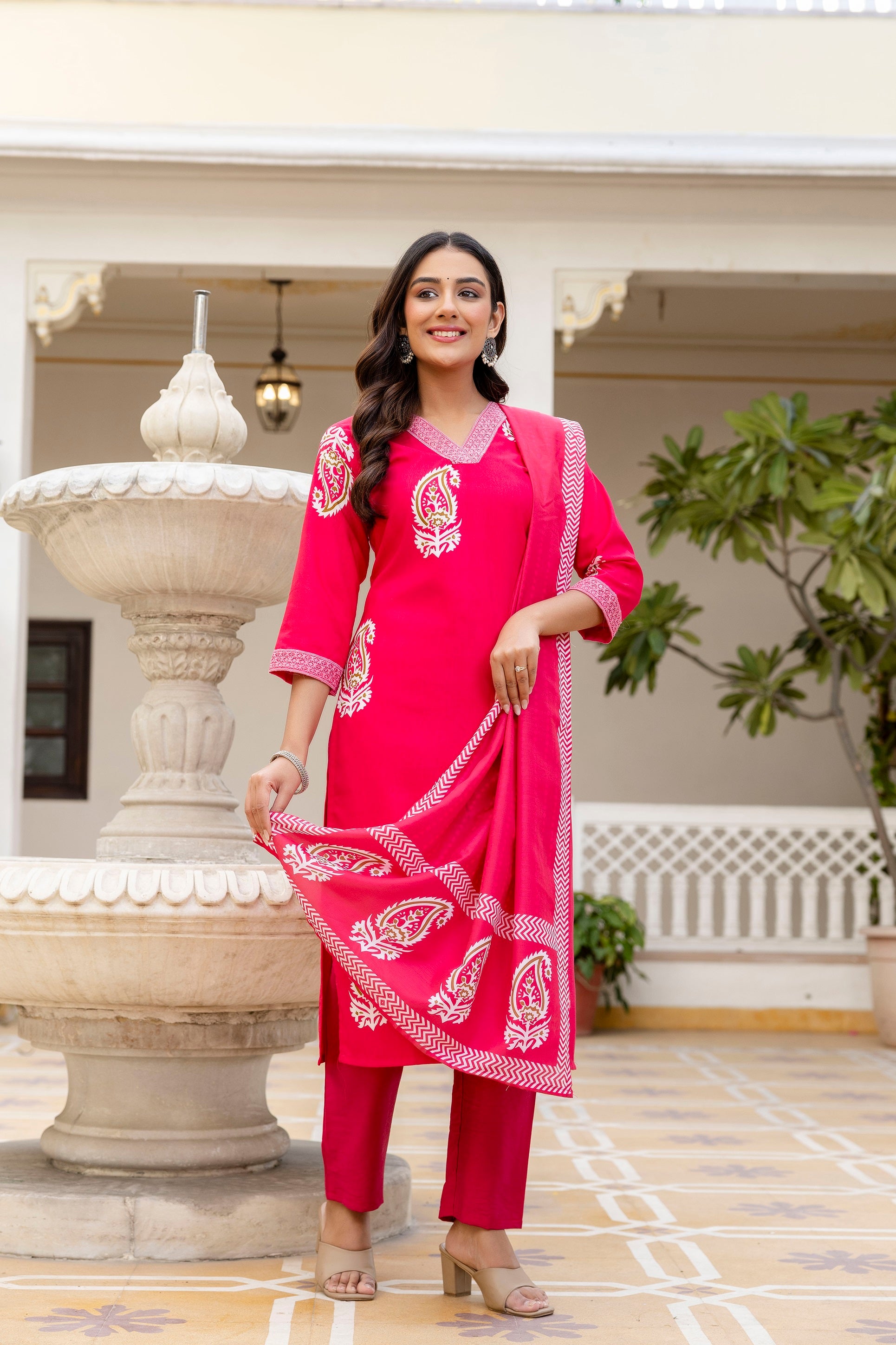 Pink Rayon Paisley Printed Straight Kurta Pant Set with Dupatta
