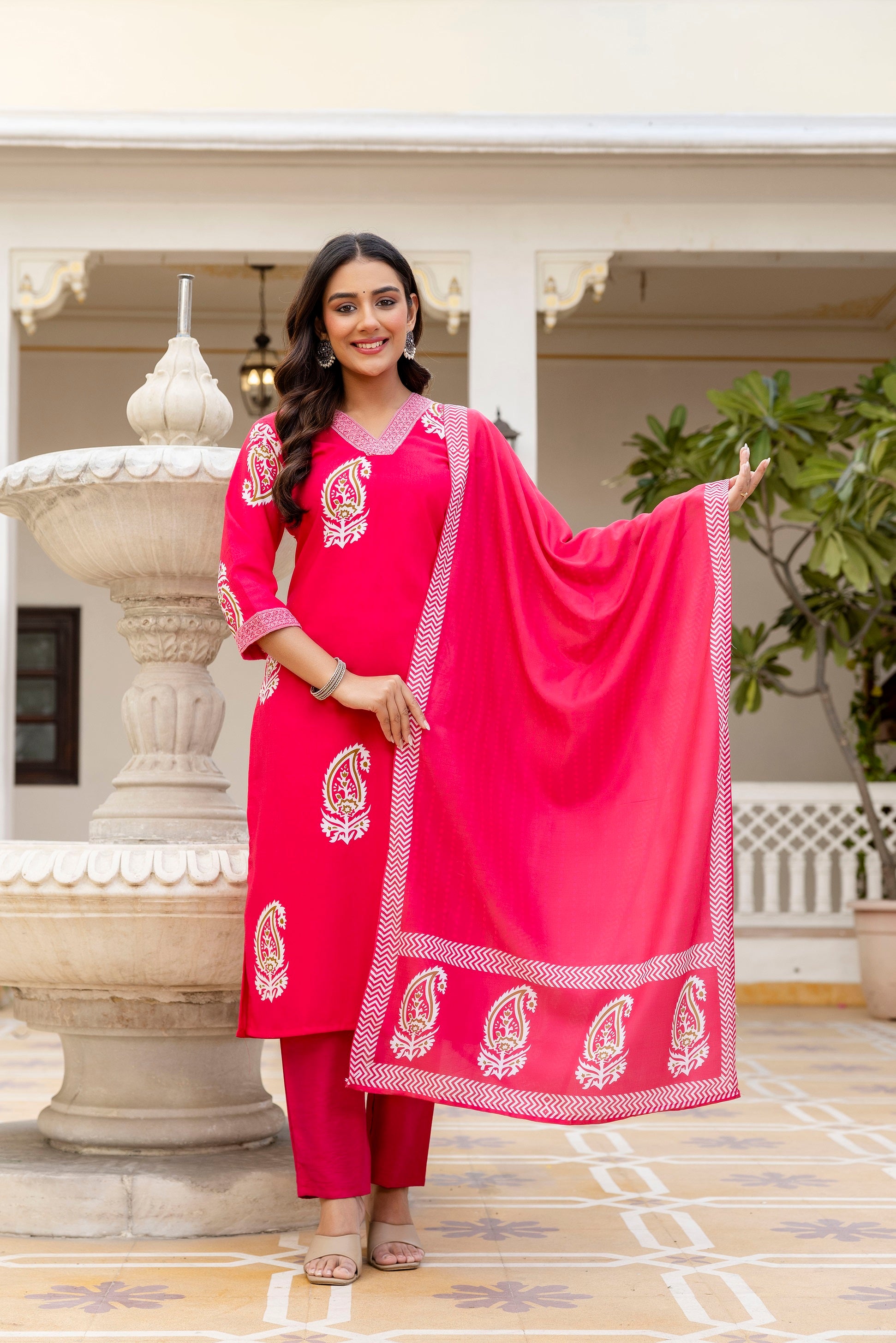 Pink Rayon Paisley Printed Straight Kurta Pant Set with Dupatta