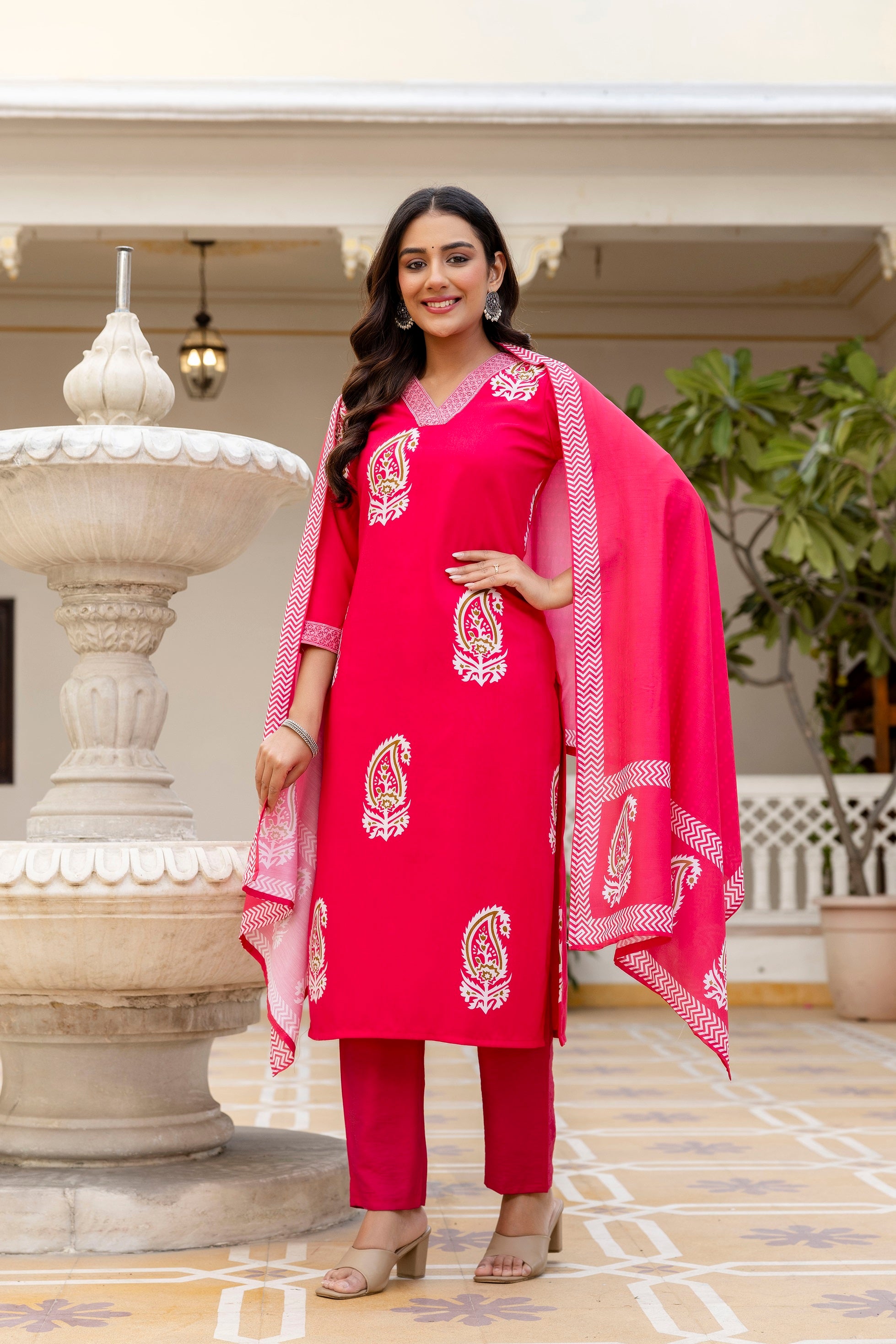 Pink Rayon Paisley Printed Straight Kurta Pant Set with Dupatta