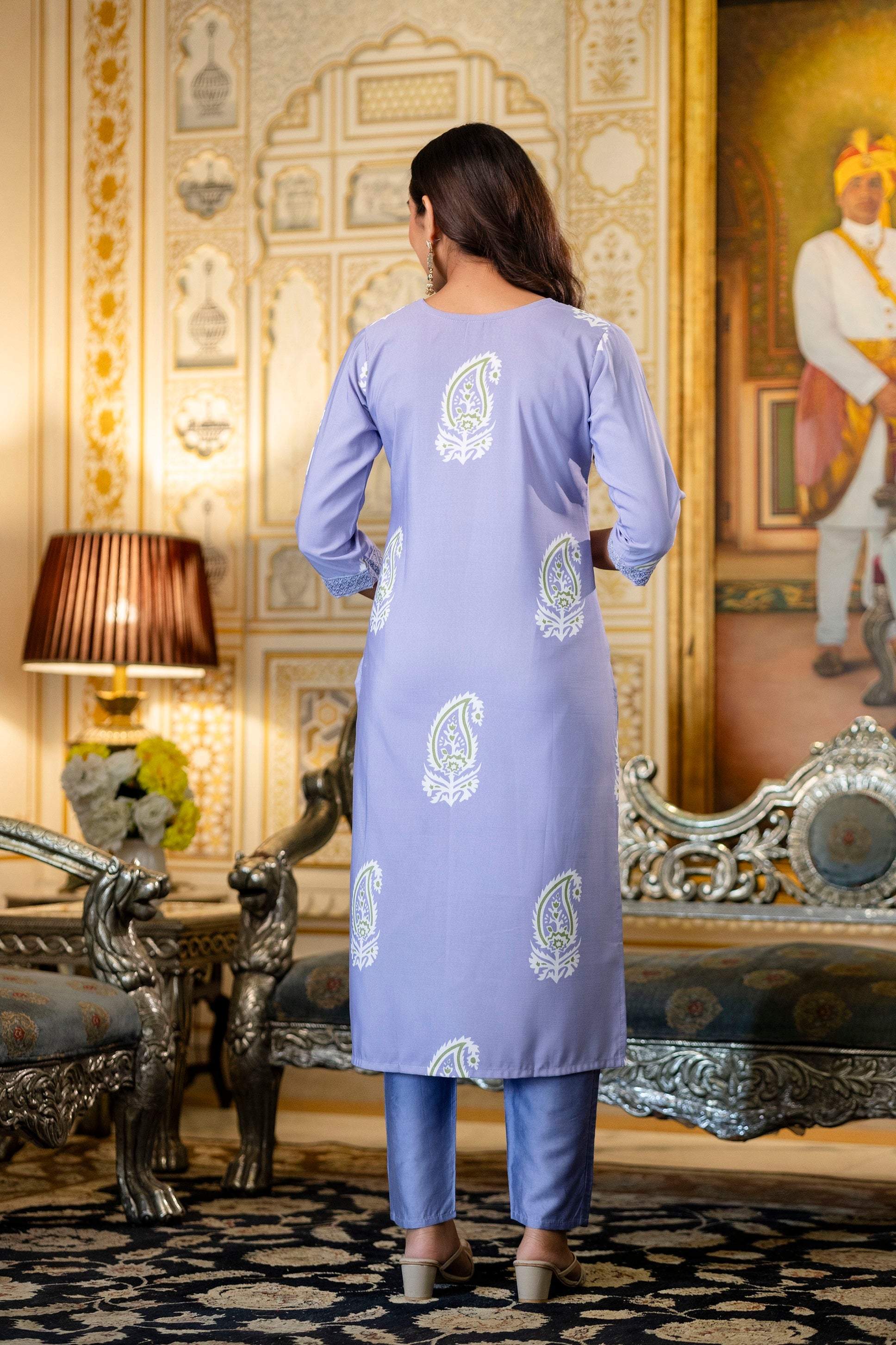 Lavender Rayon Paisley Printed Straight Kurta Pant Set with Dupatta