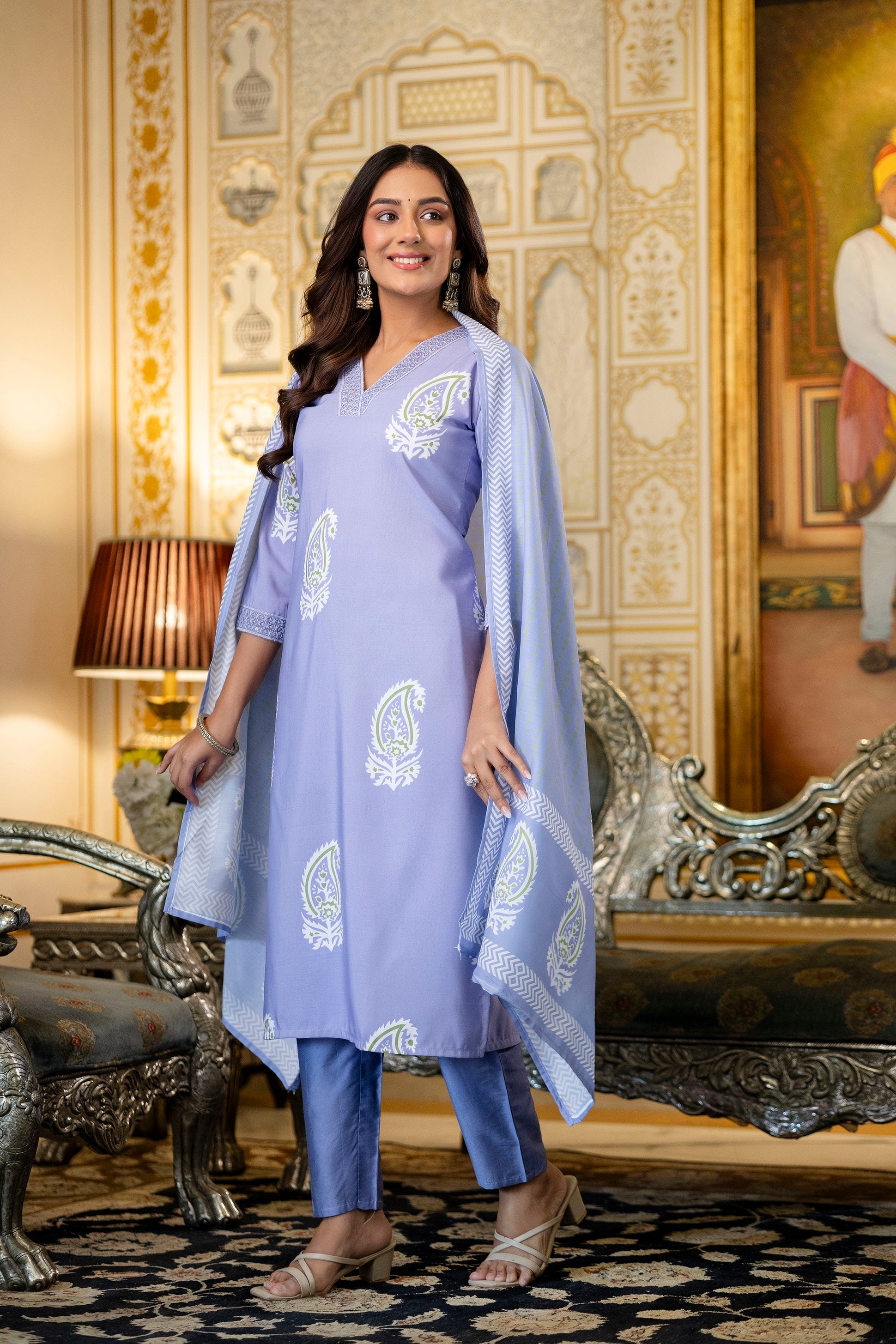 Lavender Rayon Paisley Printed Straight Kurta Pant Set with Dupatta