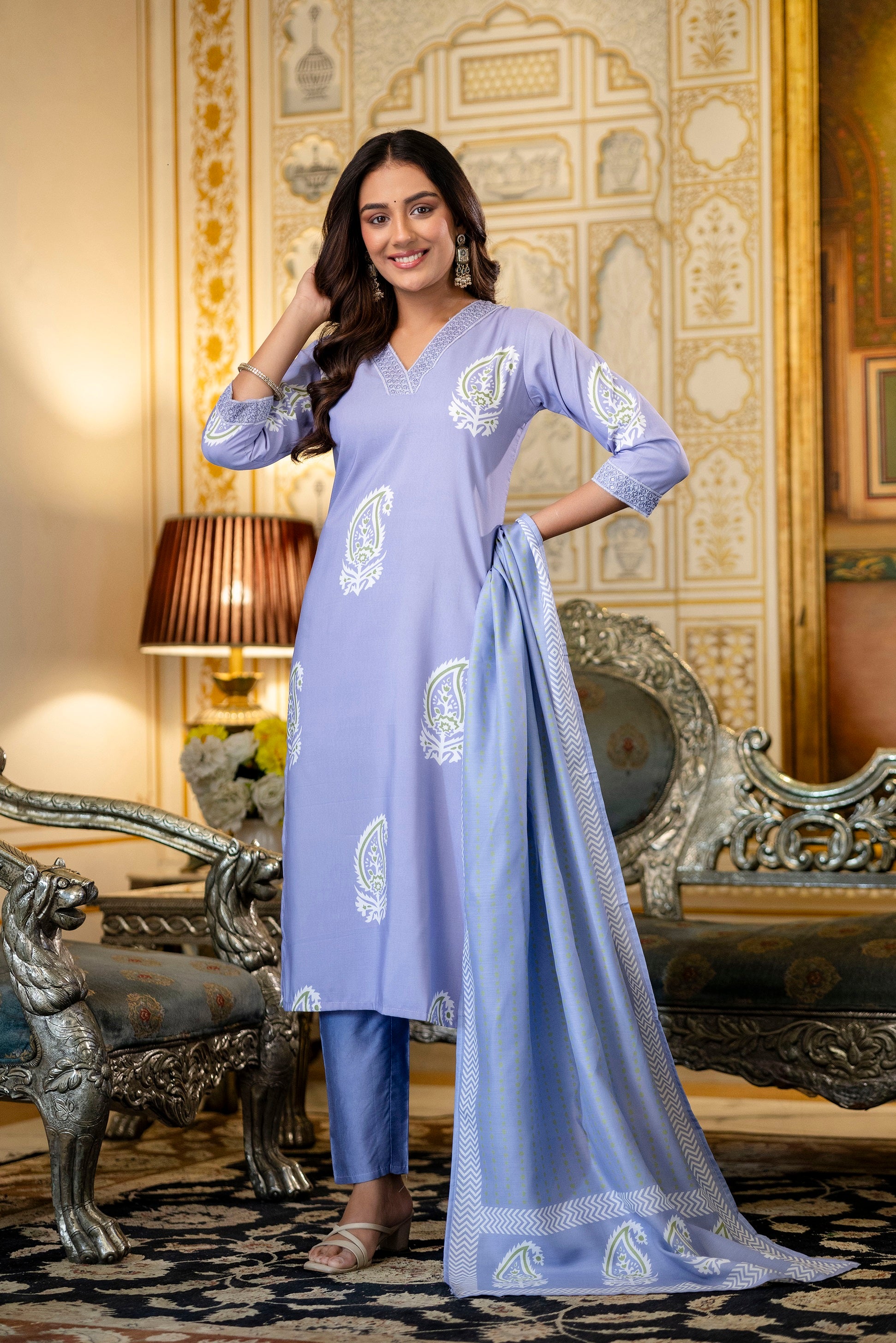 Lavender Rayon Paisley Printed Straight Kurta Pant Set with Dupatta