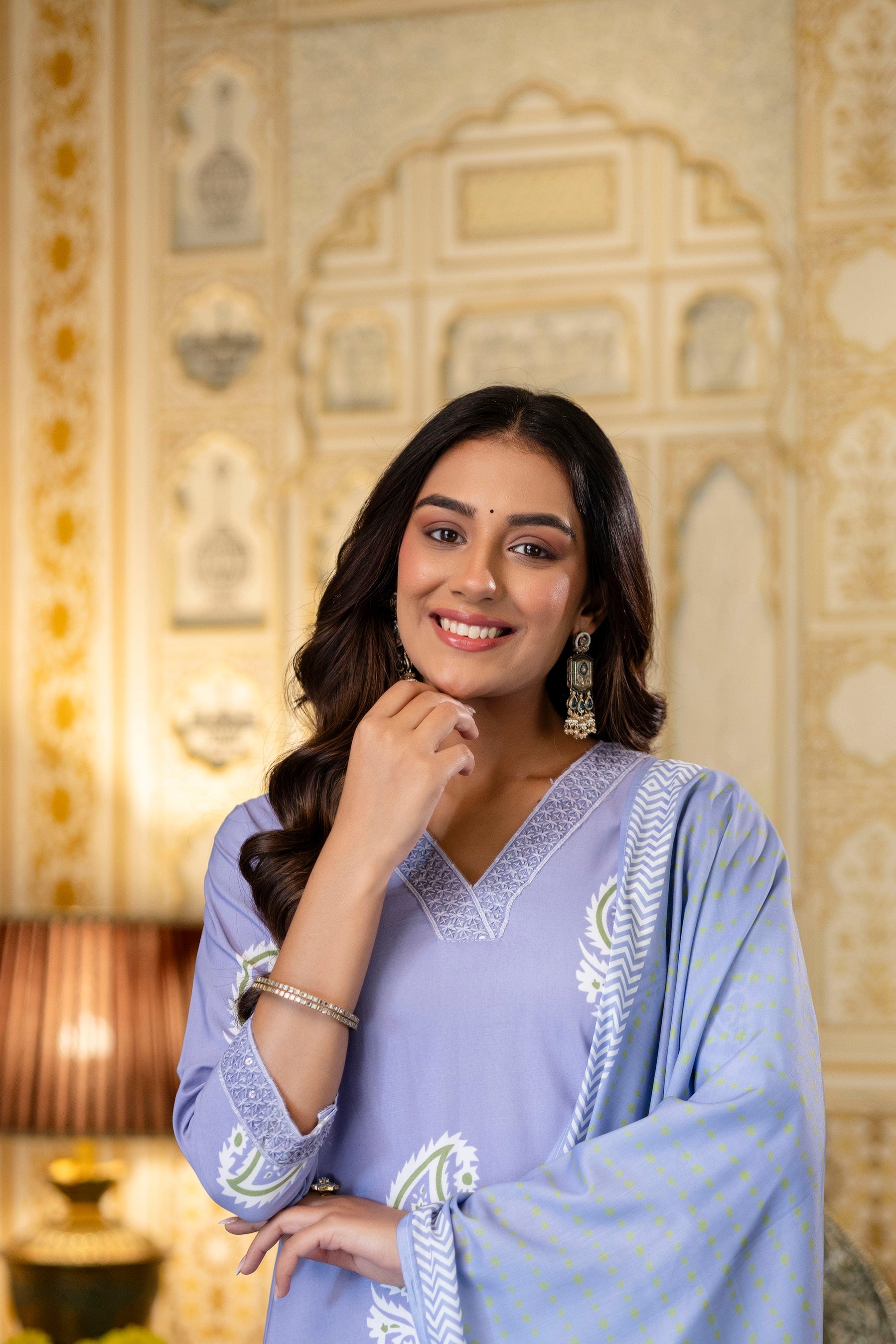 Lavender Rayon Paisley Printed Straight Kurta Pant Set with Dupatta
