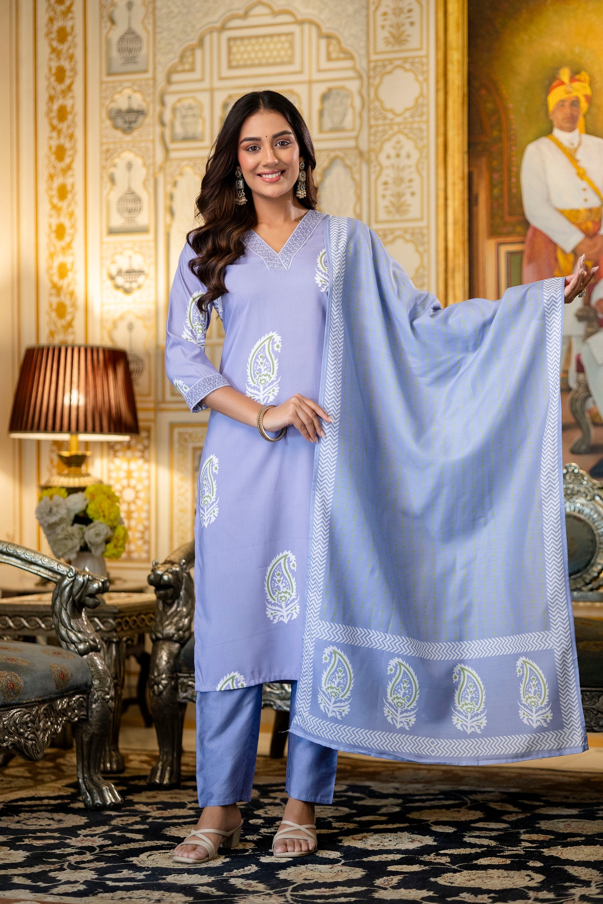 Lavender Rayon Paisley Printed Straight Kurta Pant Set with Dupatta