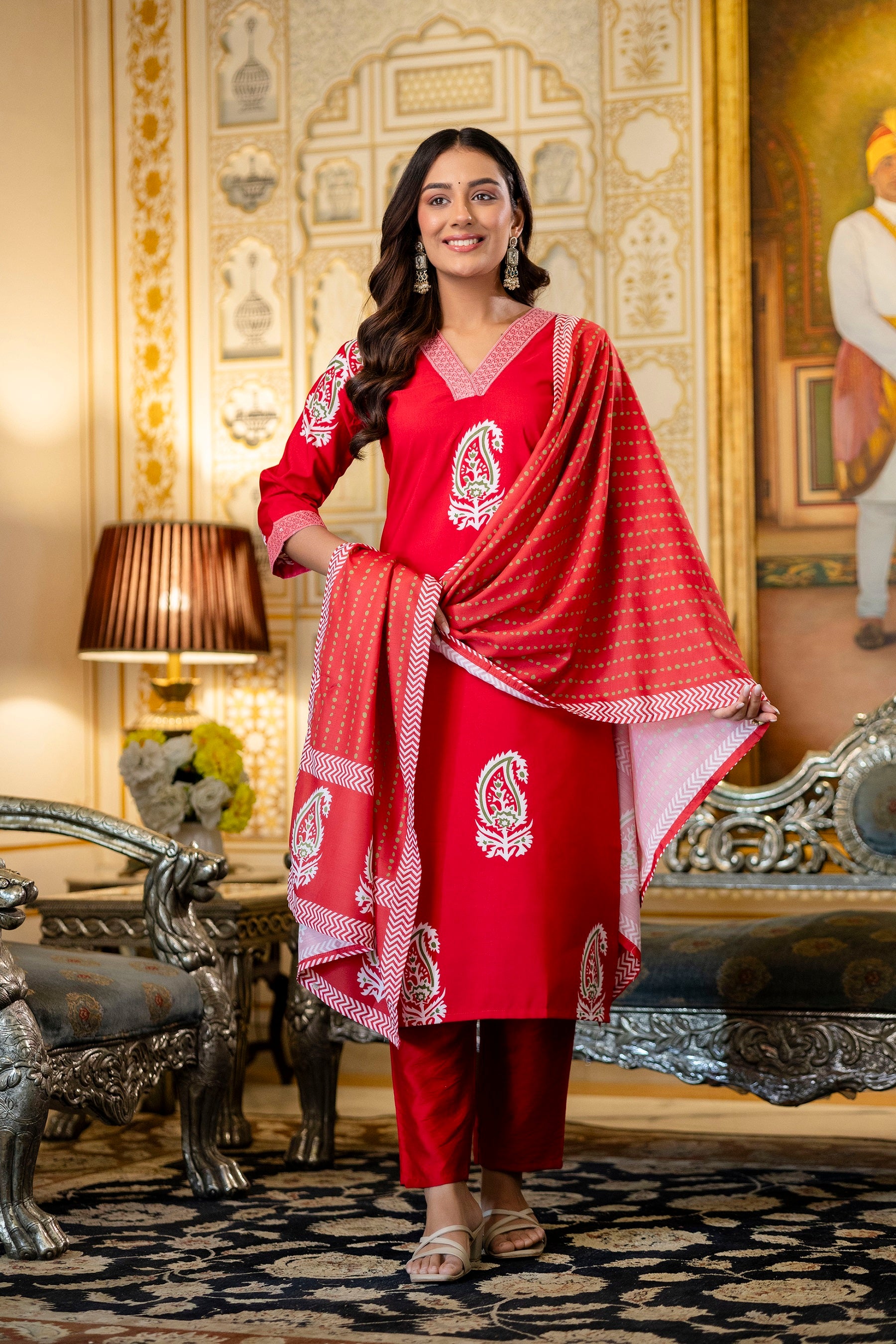 Red Rayon Paisley Printed Straight Kurta Pant Set with Dupatta