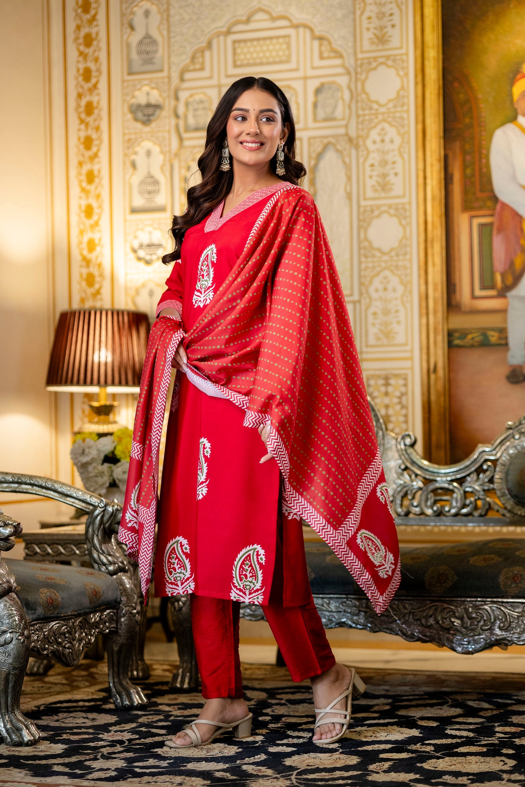 Red Rayon Paisley Printed Straight Kurta Pant Set with Dupatta