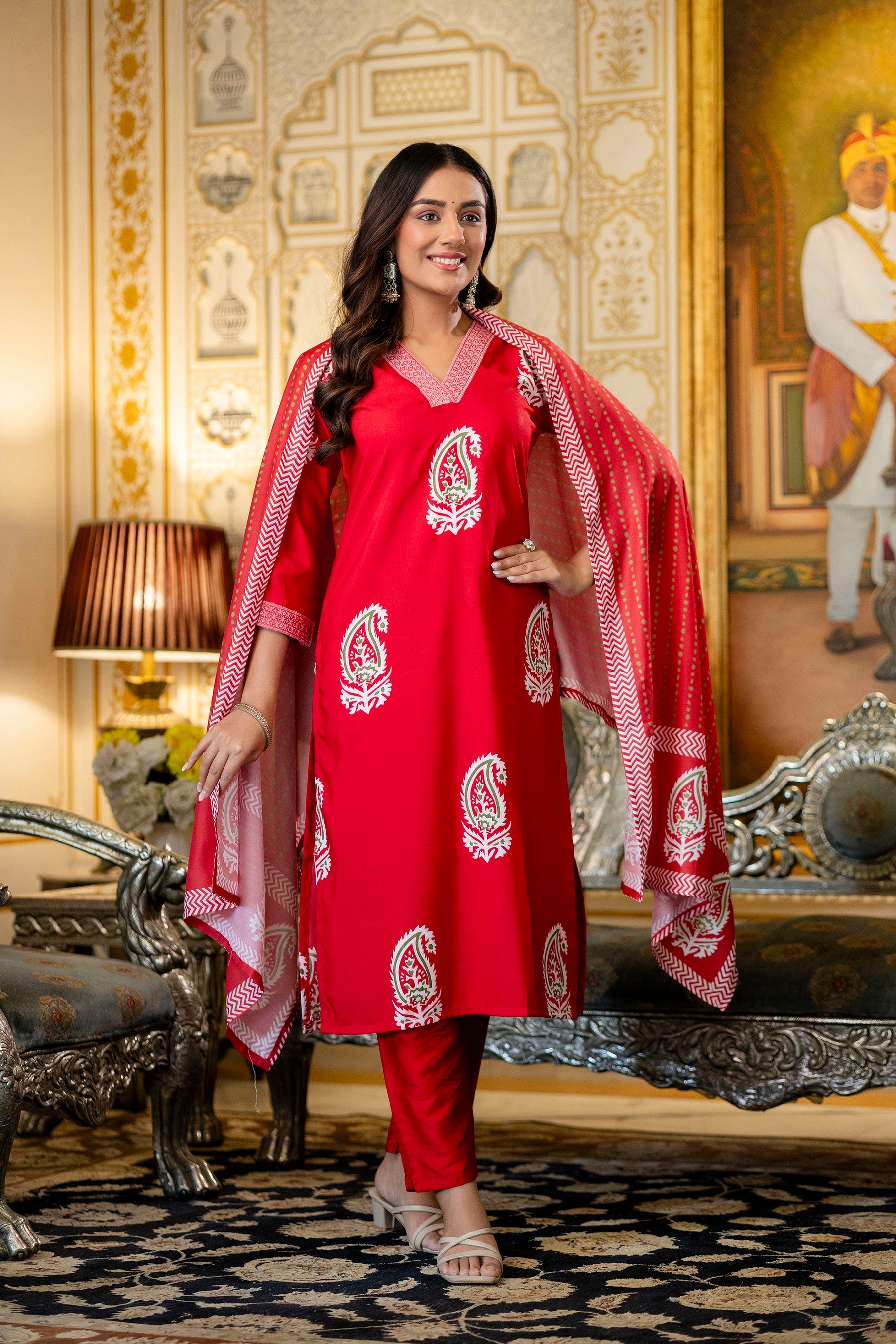 Red Rayon Paisley Printed Straight Kurta Pant Set with Dupatta
