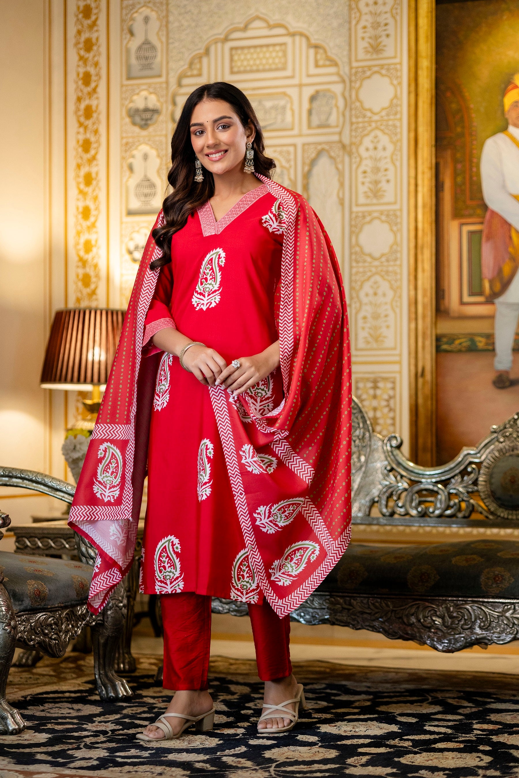 Red Rayon Paisley Printed Straight Kurta Pant Set with Dupatta