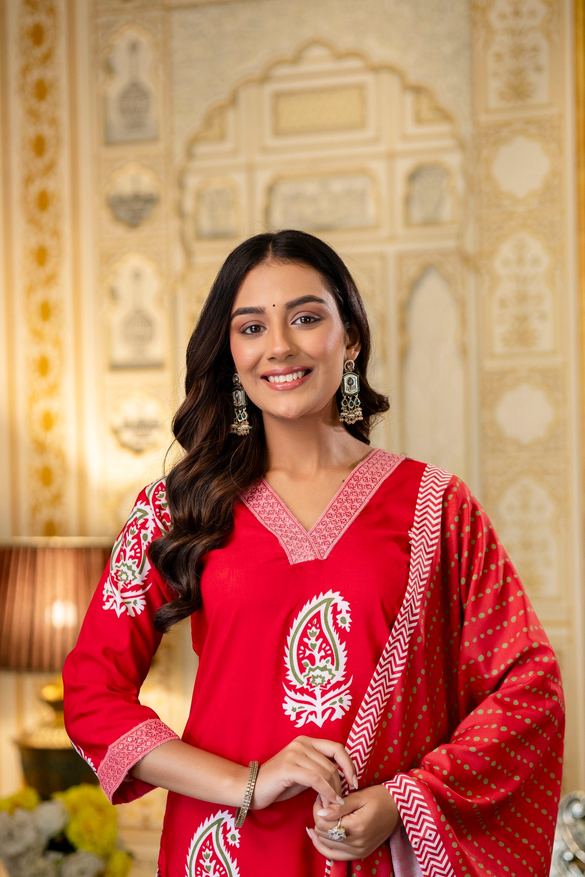 Red Rayon Paisley Printed Straight Kurta Pant Set with Dupatta