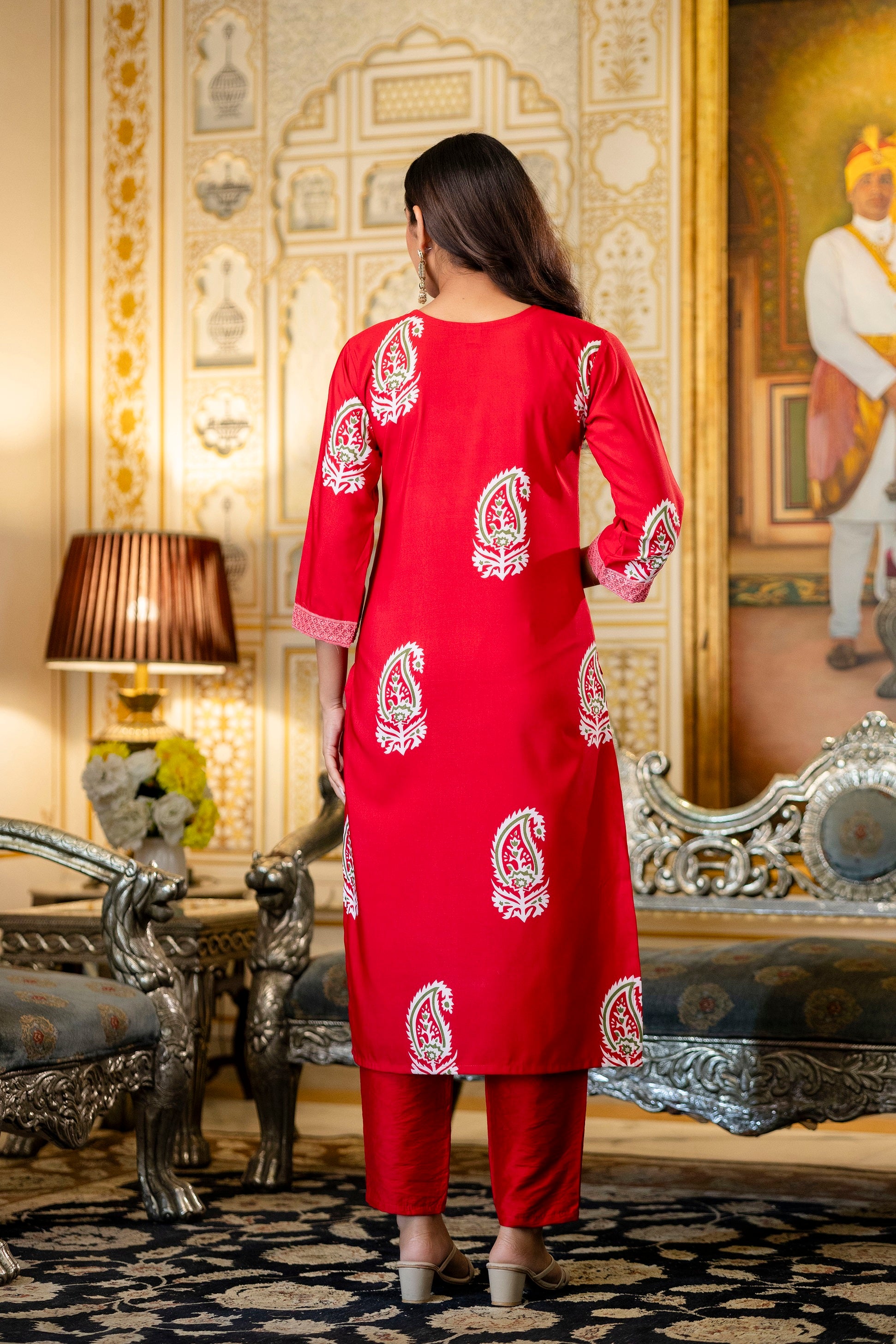 Red Rayon Paisley Printed Straight Kurta Pant Set with Dupatta