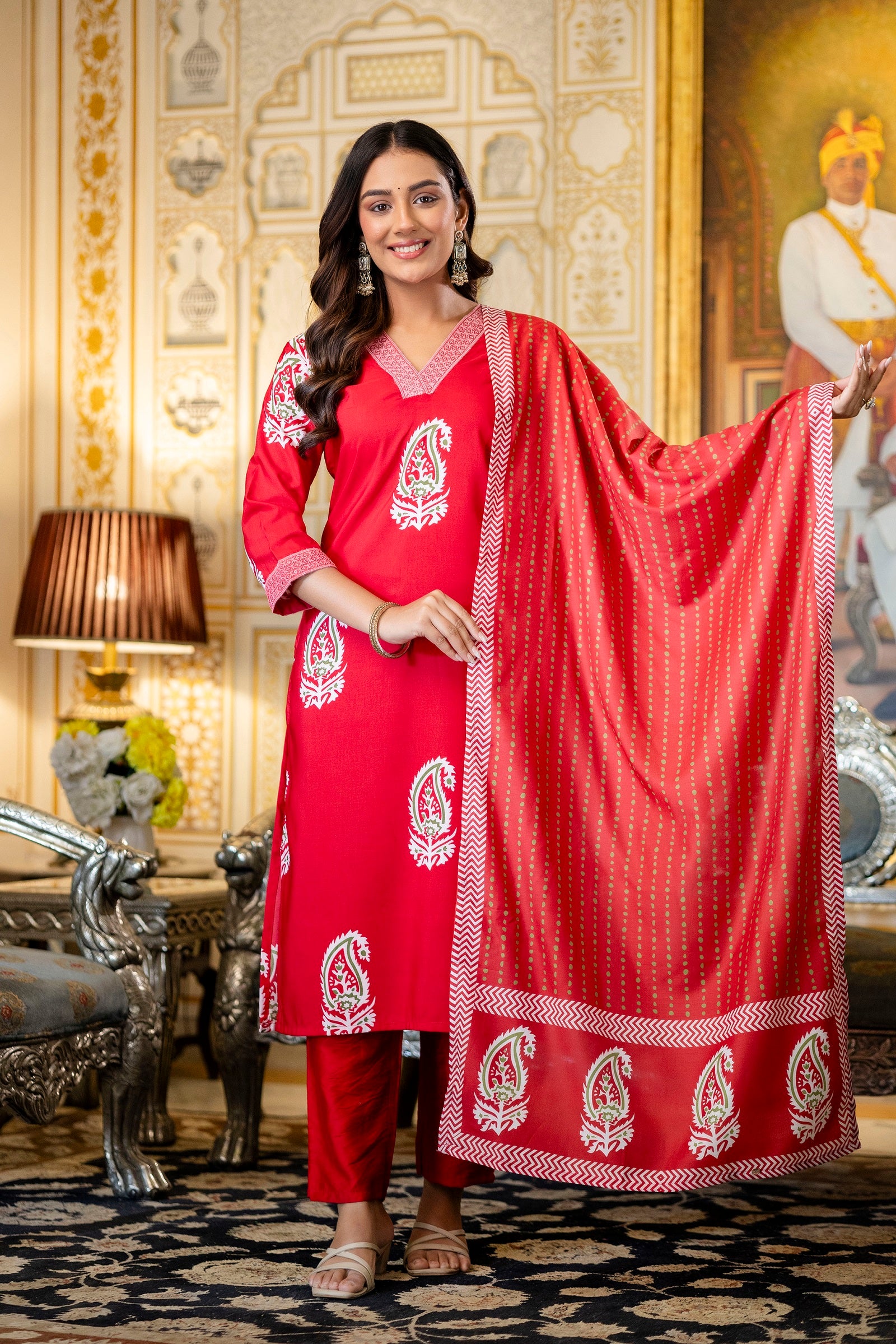 Red Rayon Paisley Printed Straight Kurta Pant Set with Dupatta