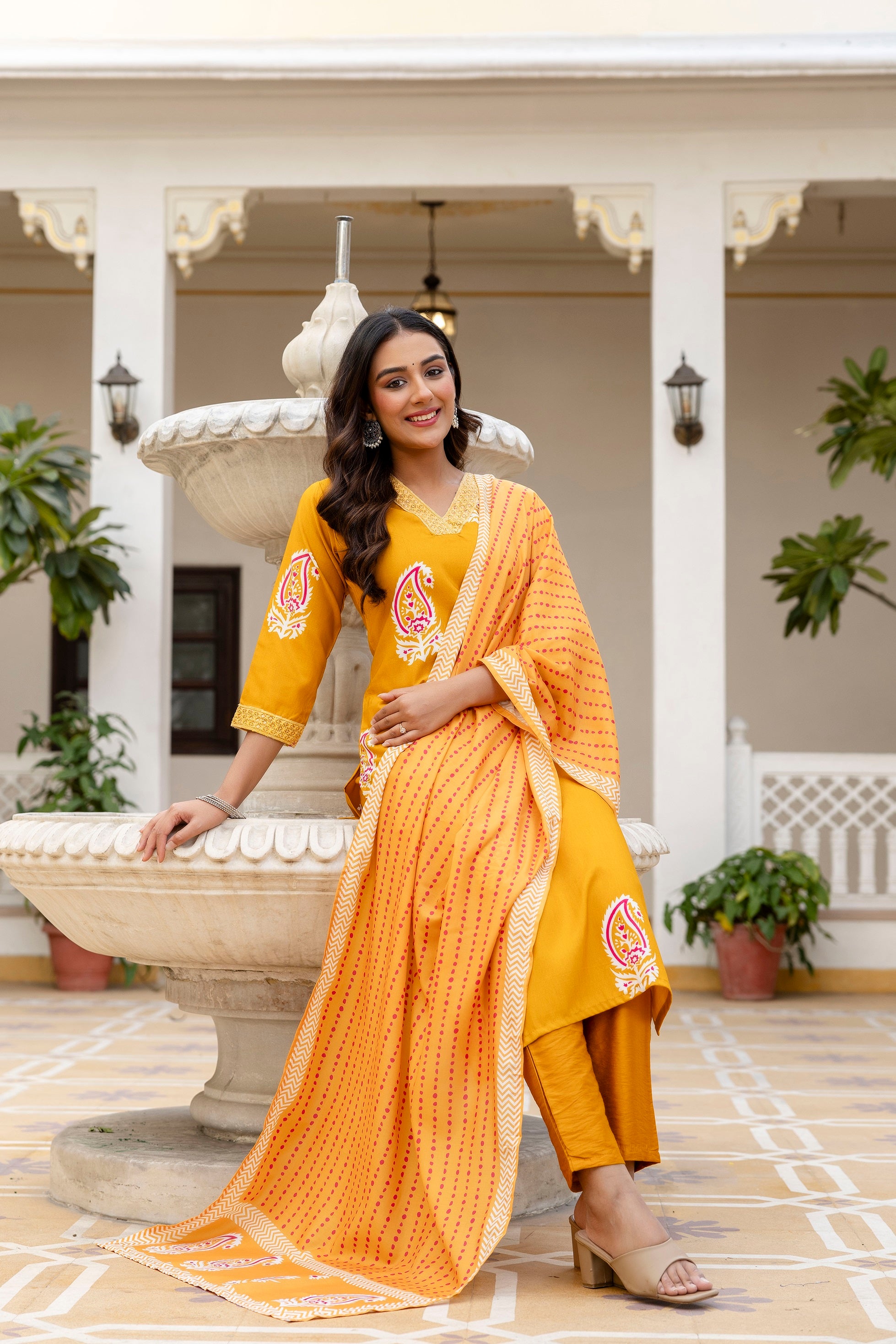 Yellow Rayon Paisley Printed Straight Kurta Pant Set with Dupatta