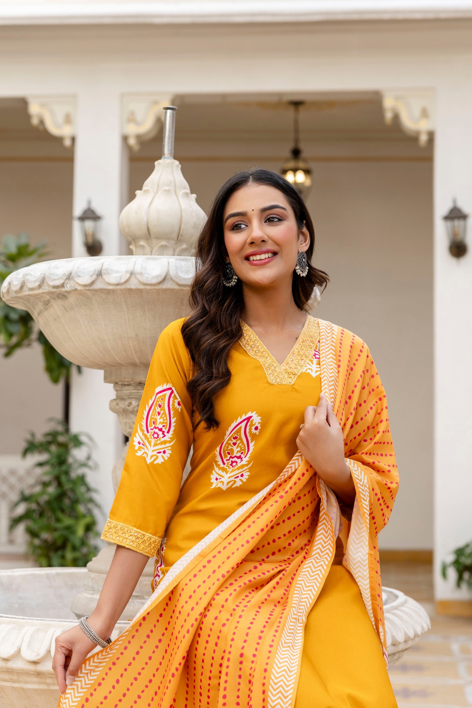 Yellow Rayon Paisley Printed Straight Kurta Pant Set with Dupatta