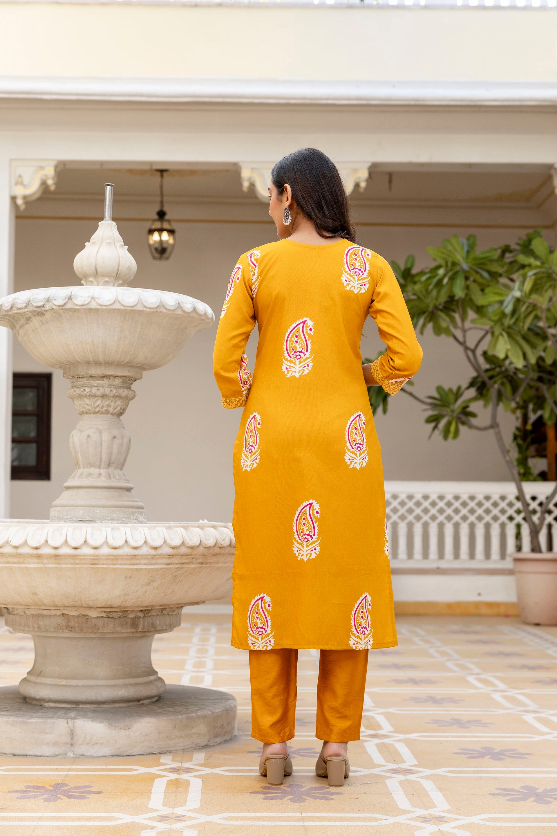 Yellow Rayon Paisley Printed Straight Kurta Pant Set with Dupatta