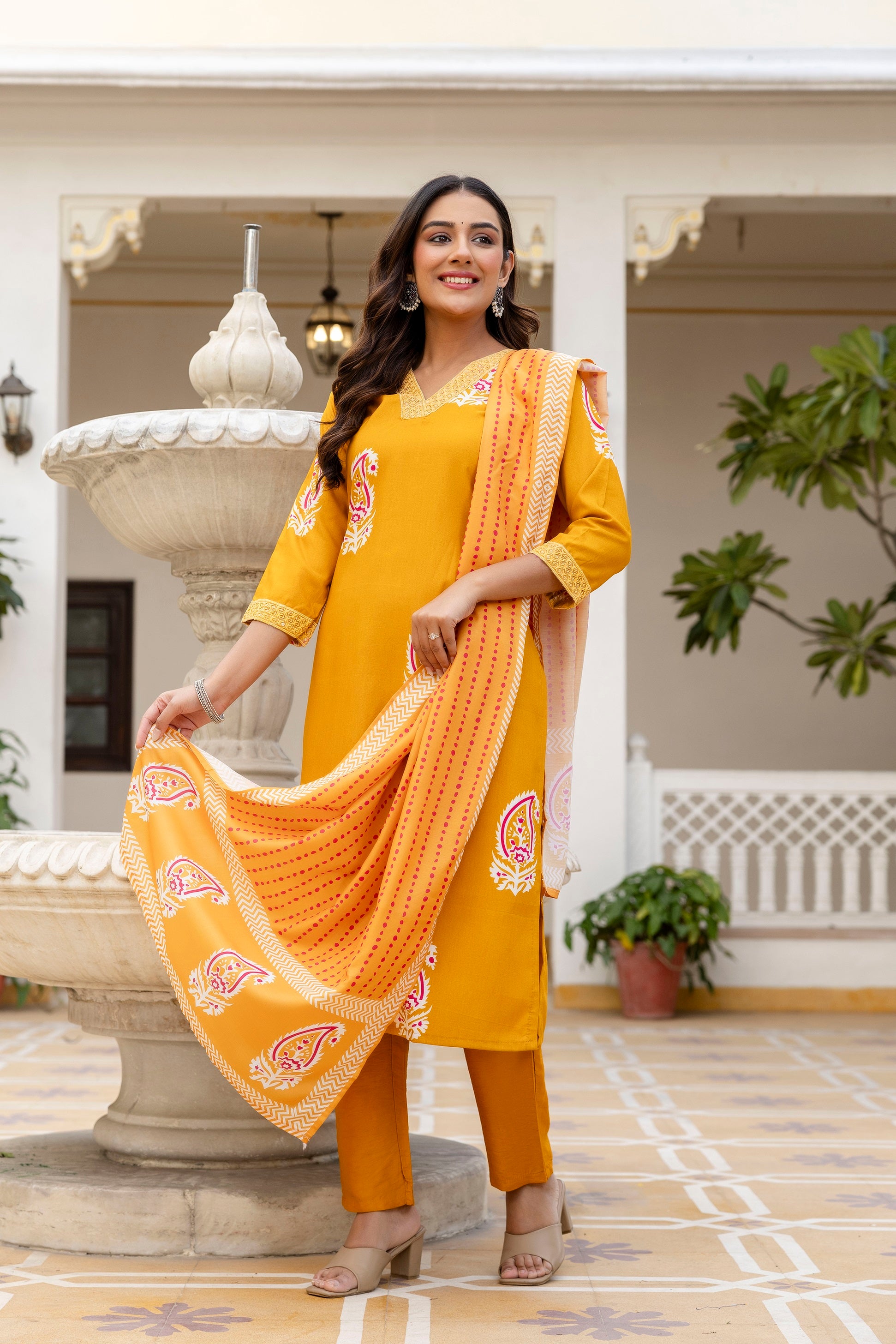 Yellow Rayon Paisley Printed Straight Kurta Pant Set with Dupatta