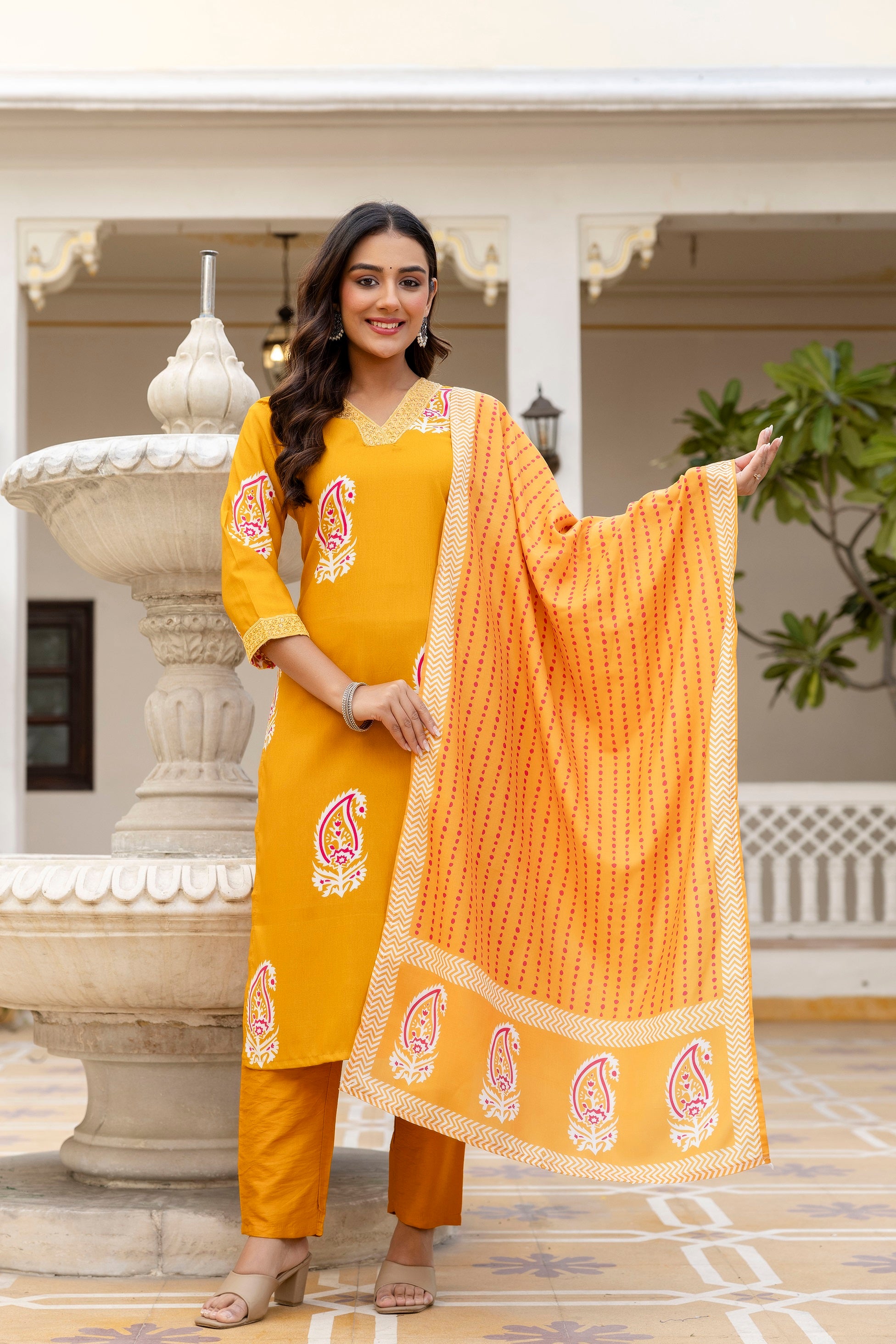 Yellow Rayon Paisley Printed Straight Kurta Pant Set with Dupatta