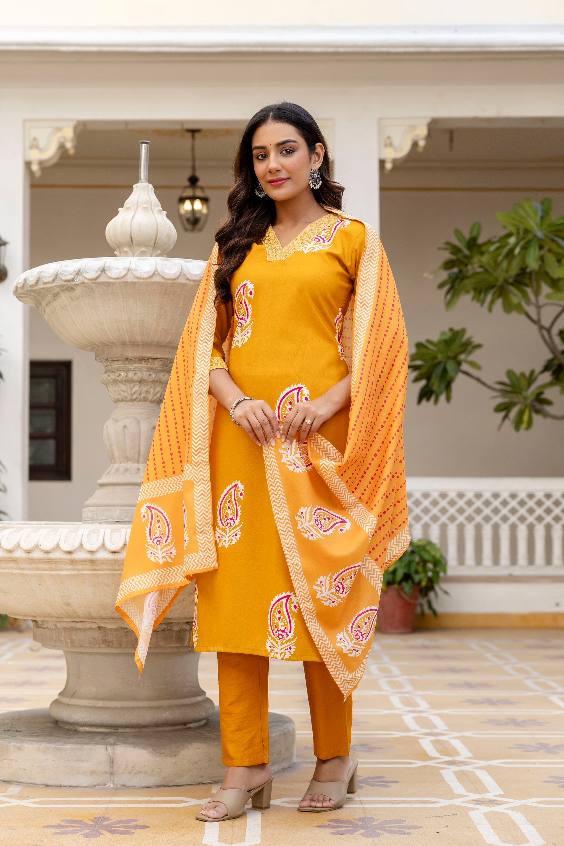 Yellow Rayon Paisley Printed Straight Kurta Pant Set with Dupatta