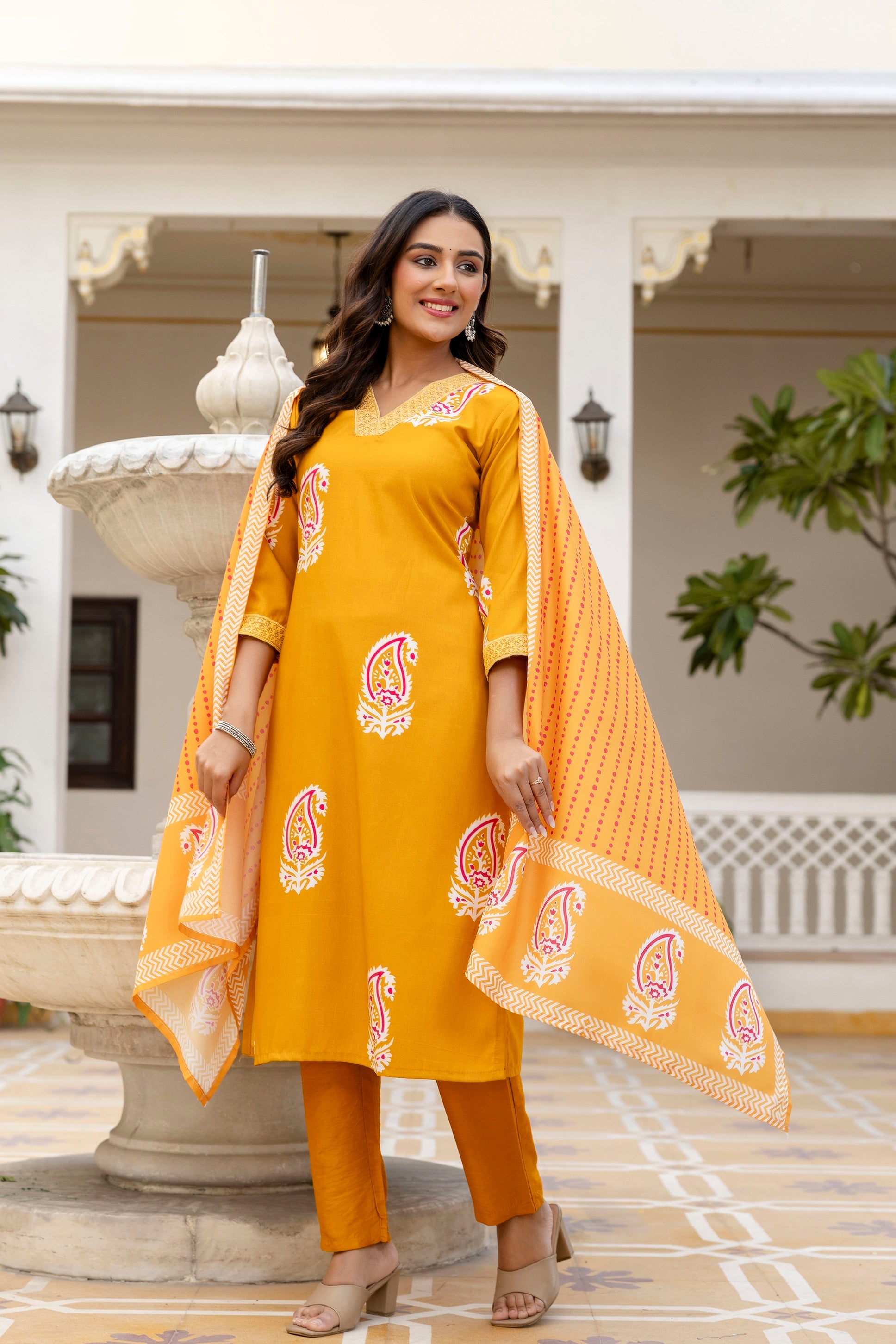 Yellow Rayon Paisley Printed Straight Kurta Pant Set with Dupatta