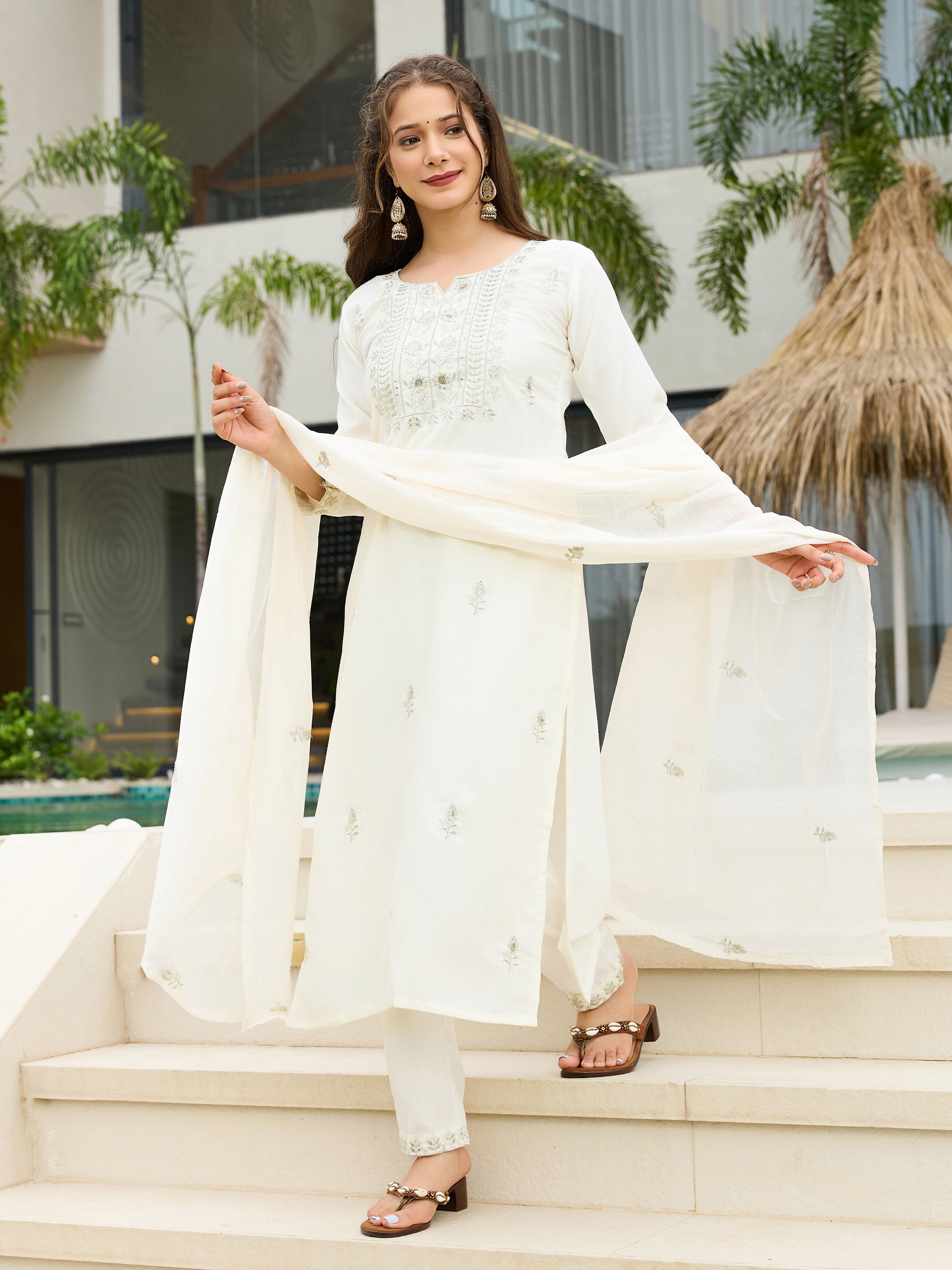 White Rayon Slub Straight Kurta Pant Set with Dupatta