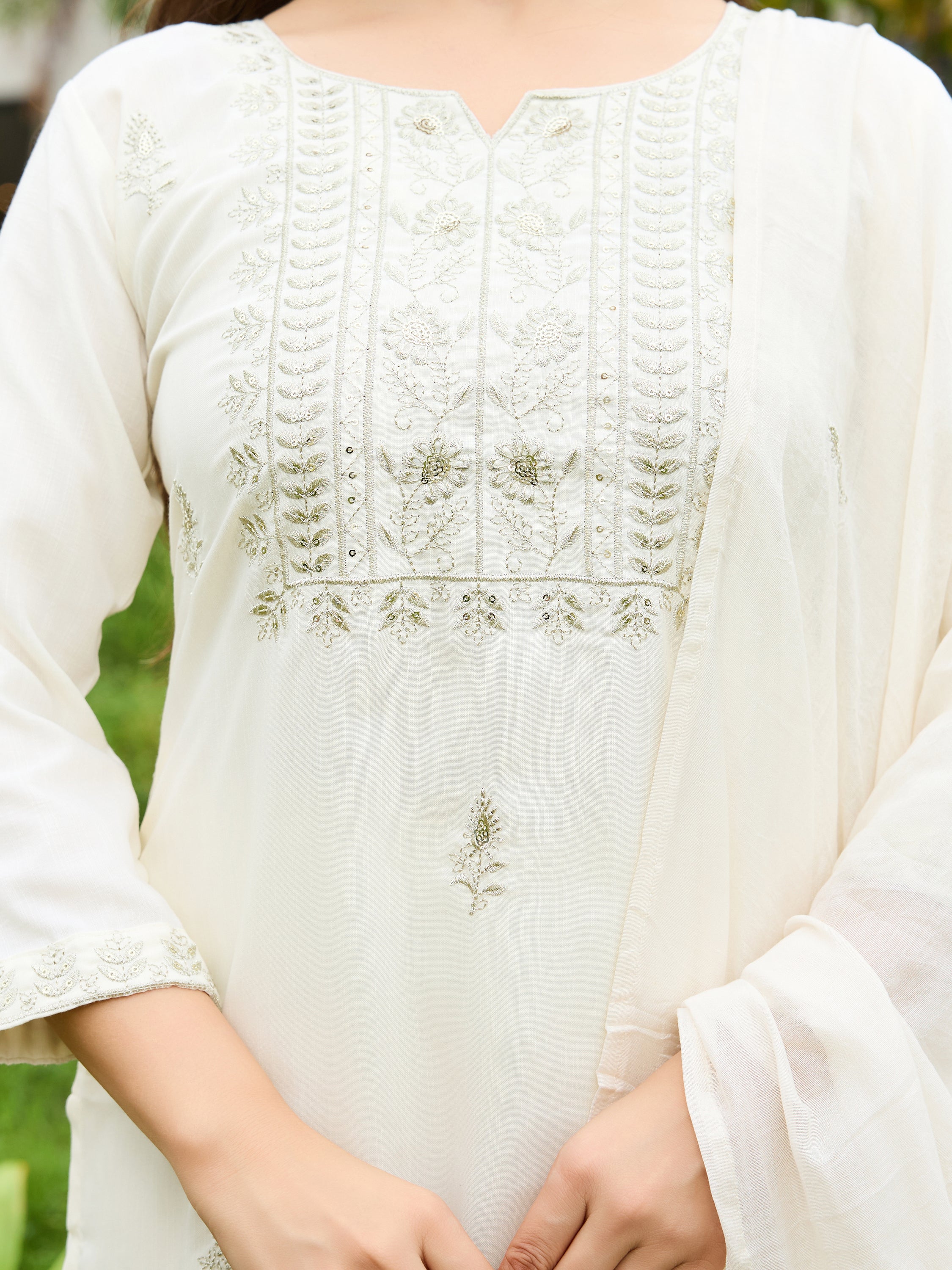 White Rayon Slub Straight Kurta Pant Set with Dupatta