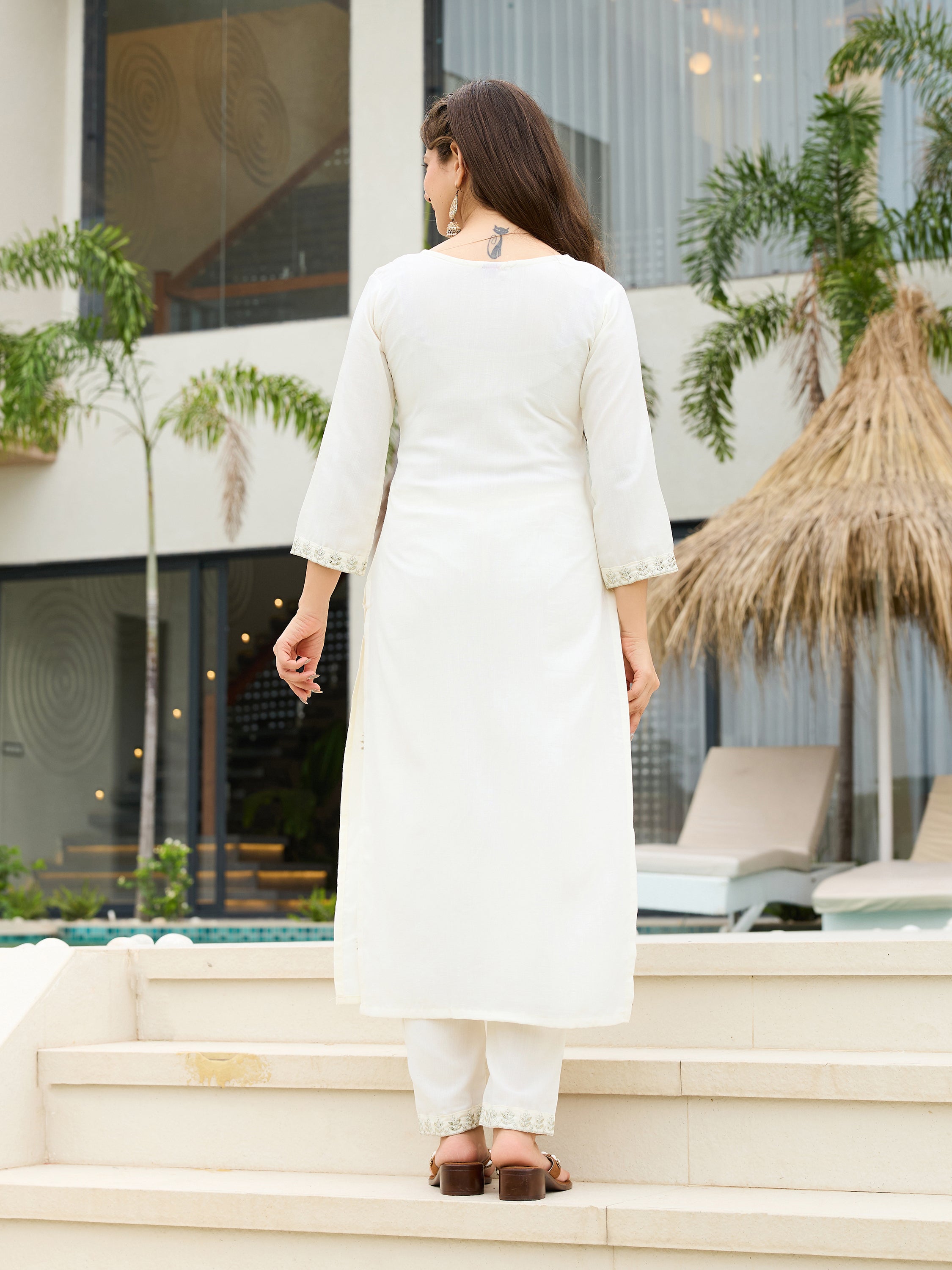 White Rayon Slub Straight Kurta Pant Set with Dupatta