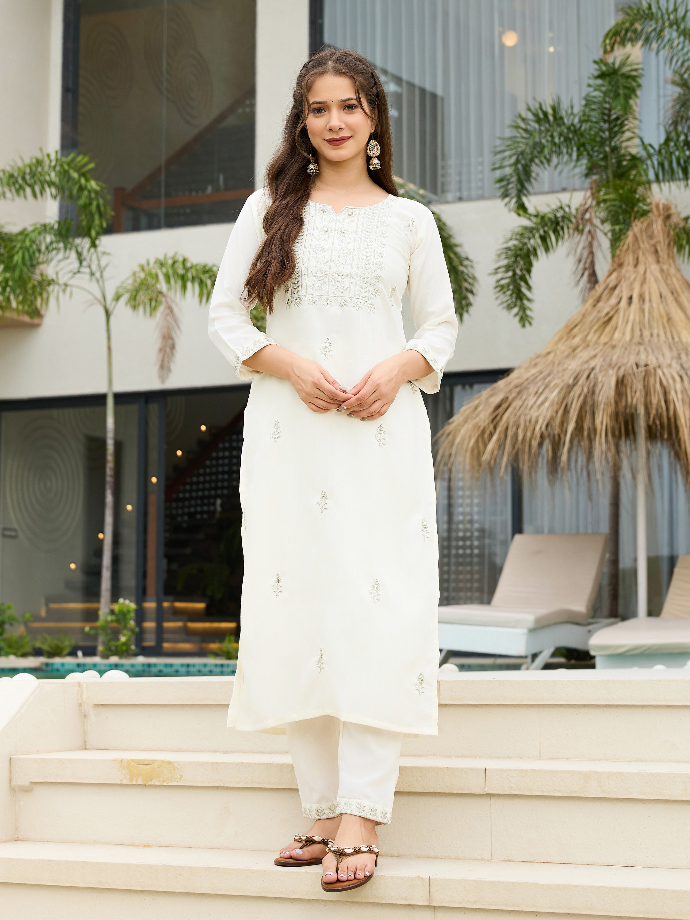 White Rayon Slub Straight Kurta Pant Set with Dupatta