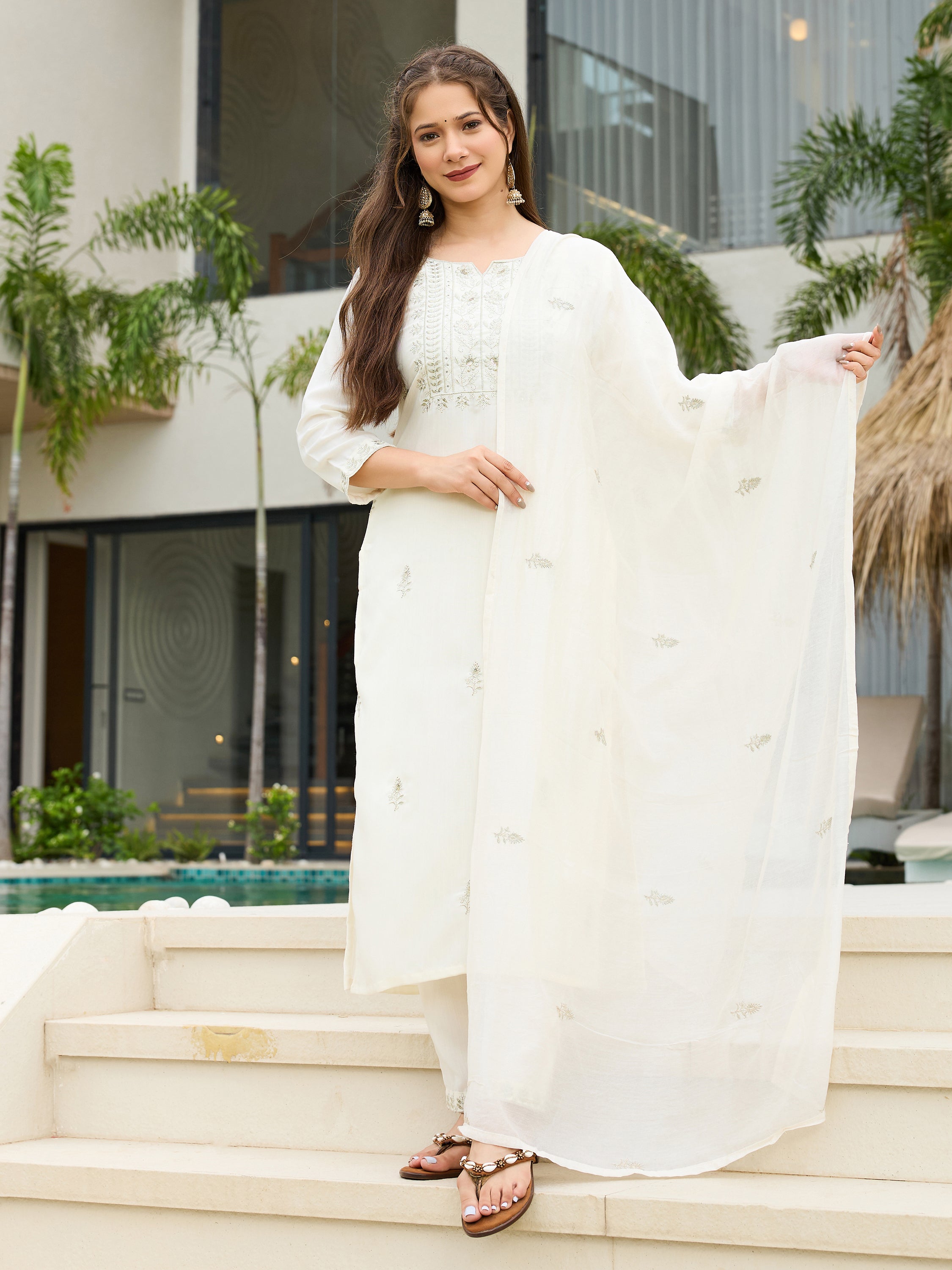 White Rayon Slub Straight Kurta Pant Set with Dupatta