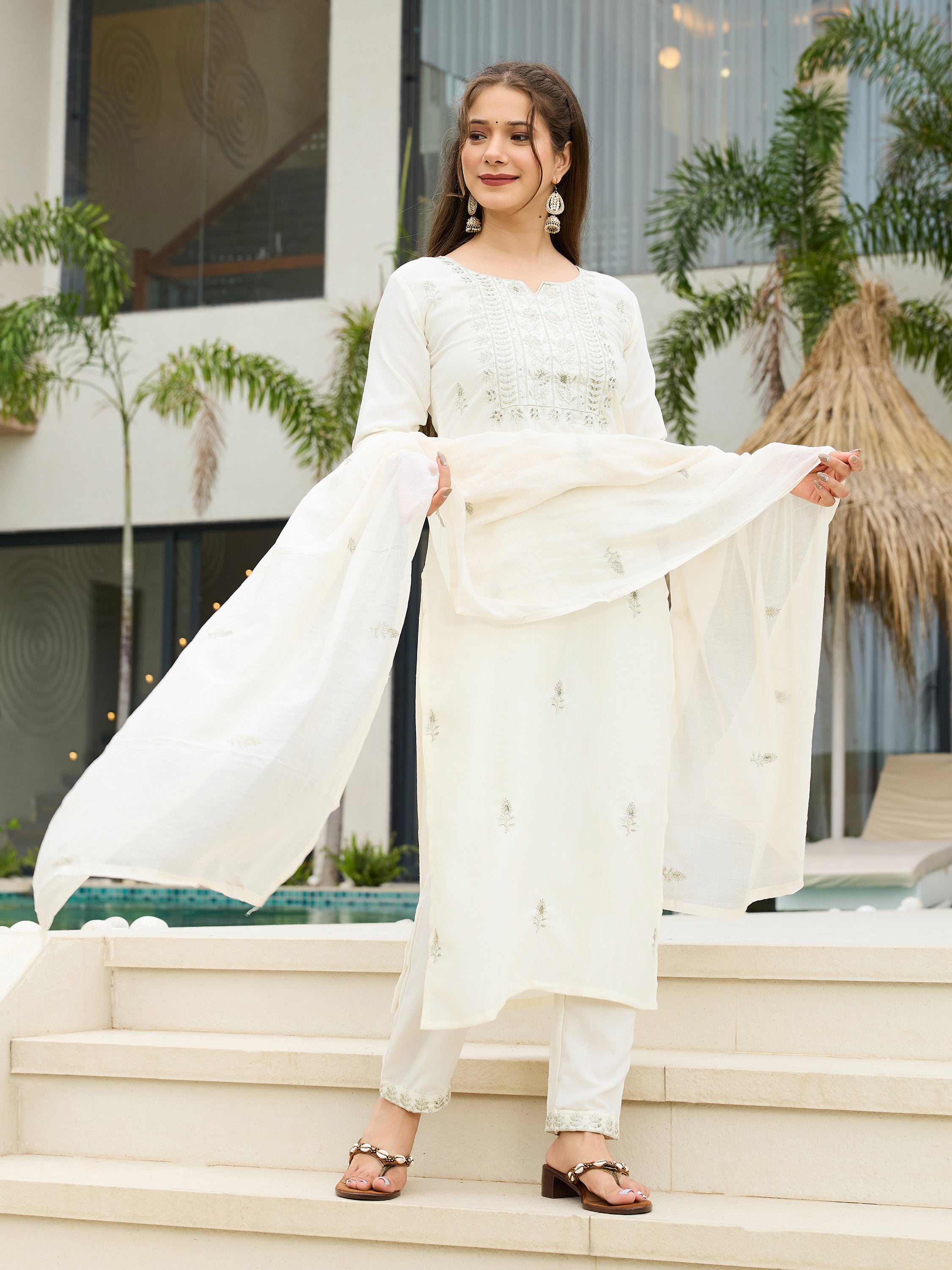 White Rayon Slub Straight Kurta Pant Set with Dupatta