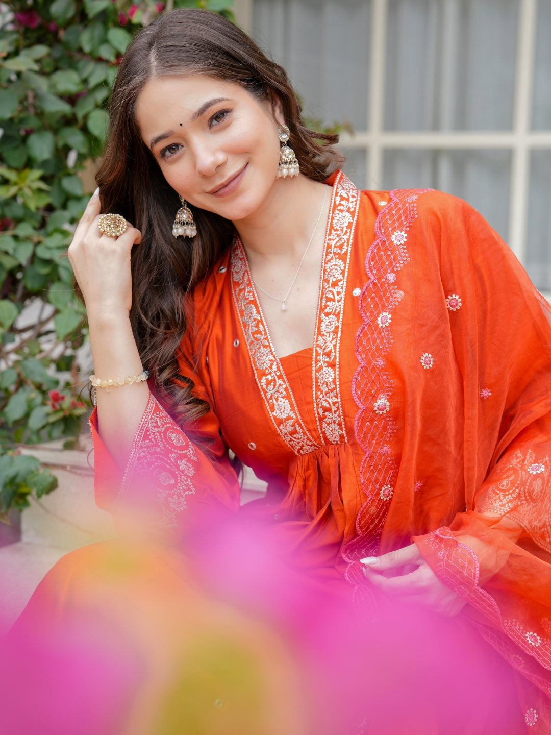 Rust Orange Gathering Anarkali Kurta Pant Suit Set with Dupatta
