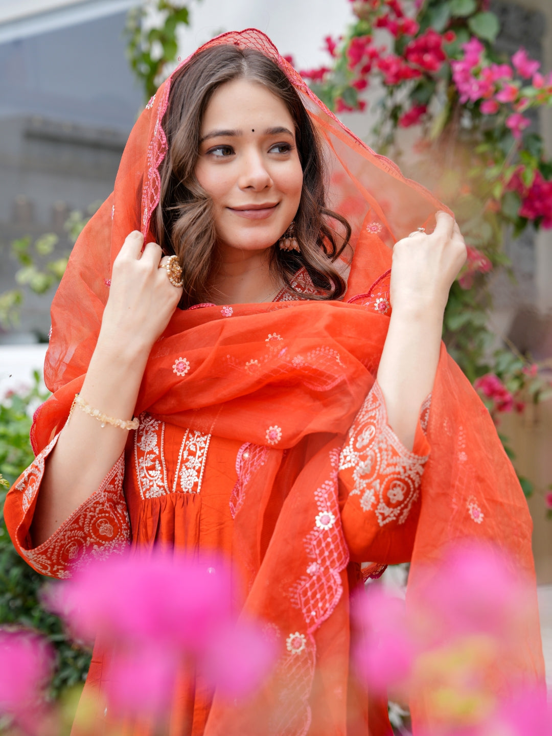 Rust Orange Gathering Anarkali Kurta Pant Suit Set with Dupatta