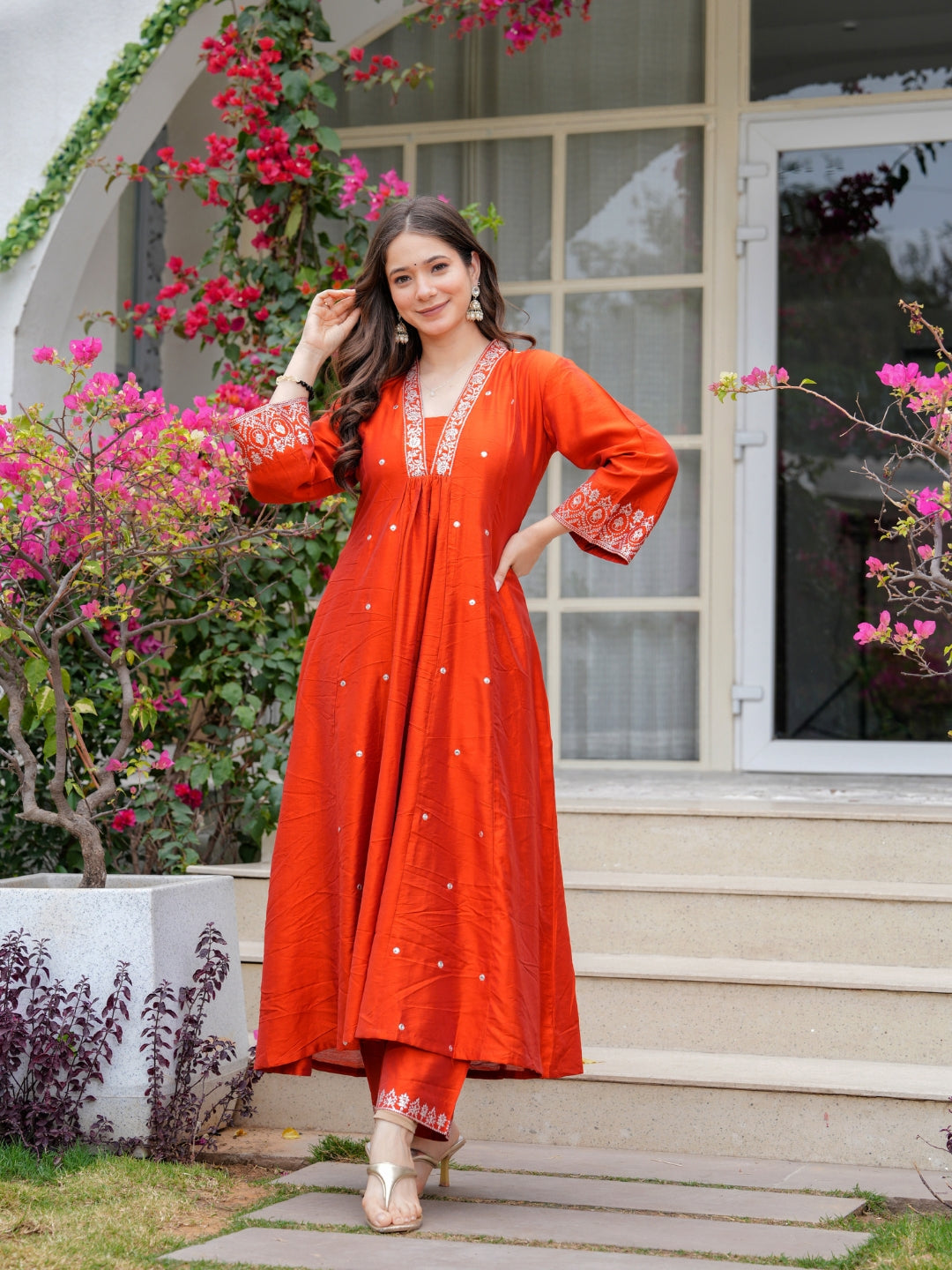 Rust Orange Gathering Anarkali Kurta Pant Suit Set with Dupatta