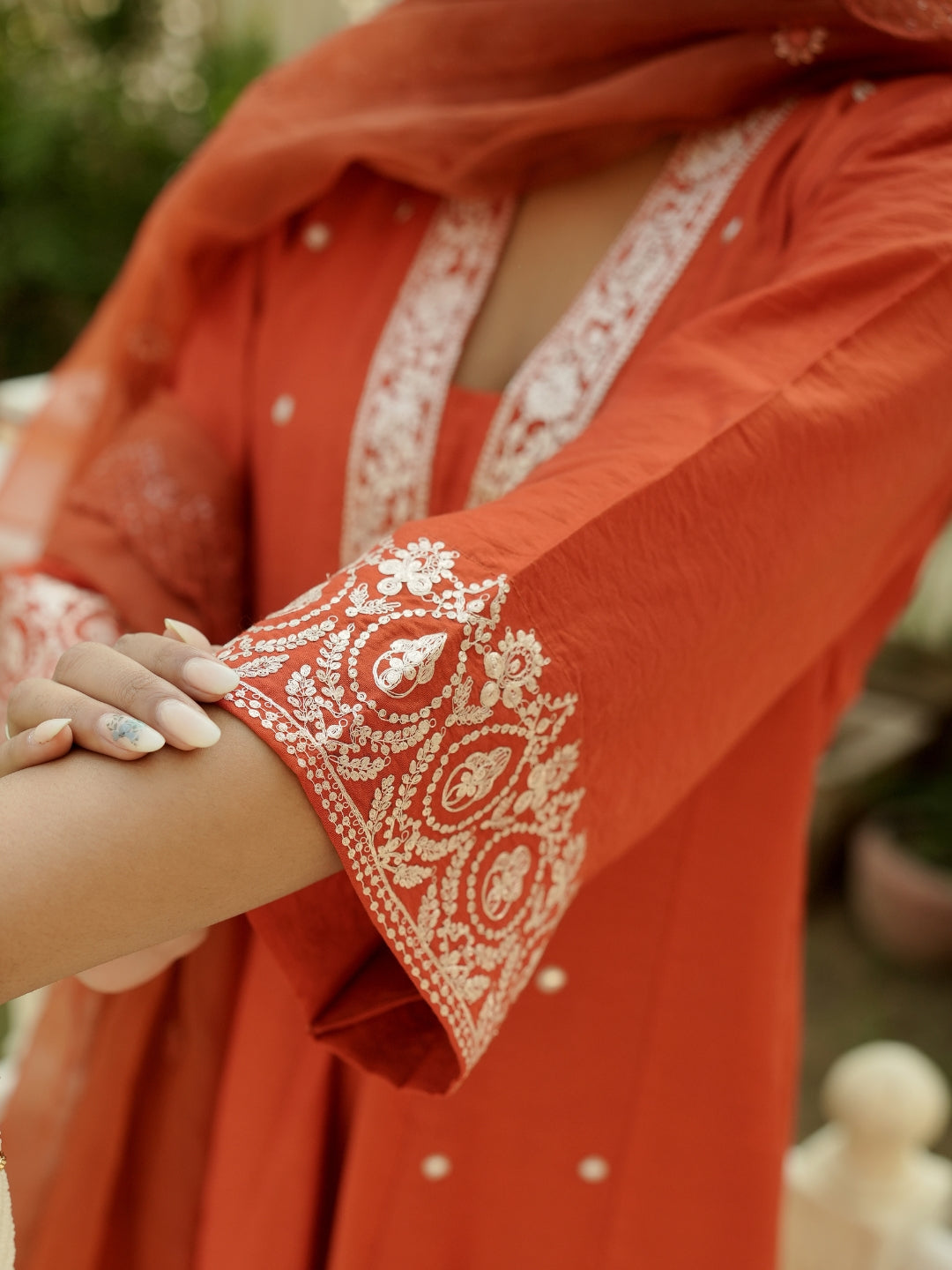 Rust Orange Gathering Anarkali Kurta Pant Suit Set with Dupatta