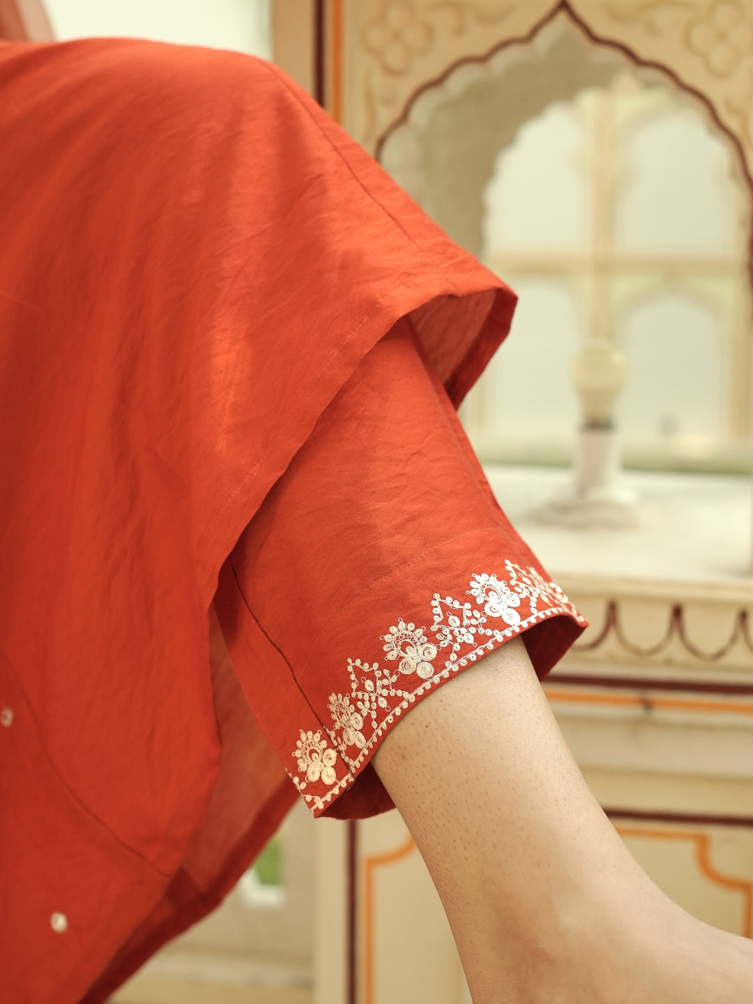 Rust Orange Gathering Anarkali Kurta Pant Suit Set with Dupatta