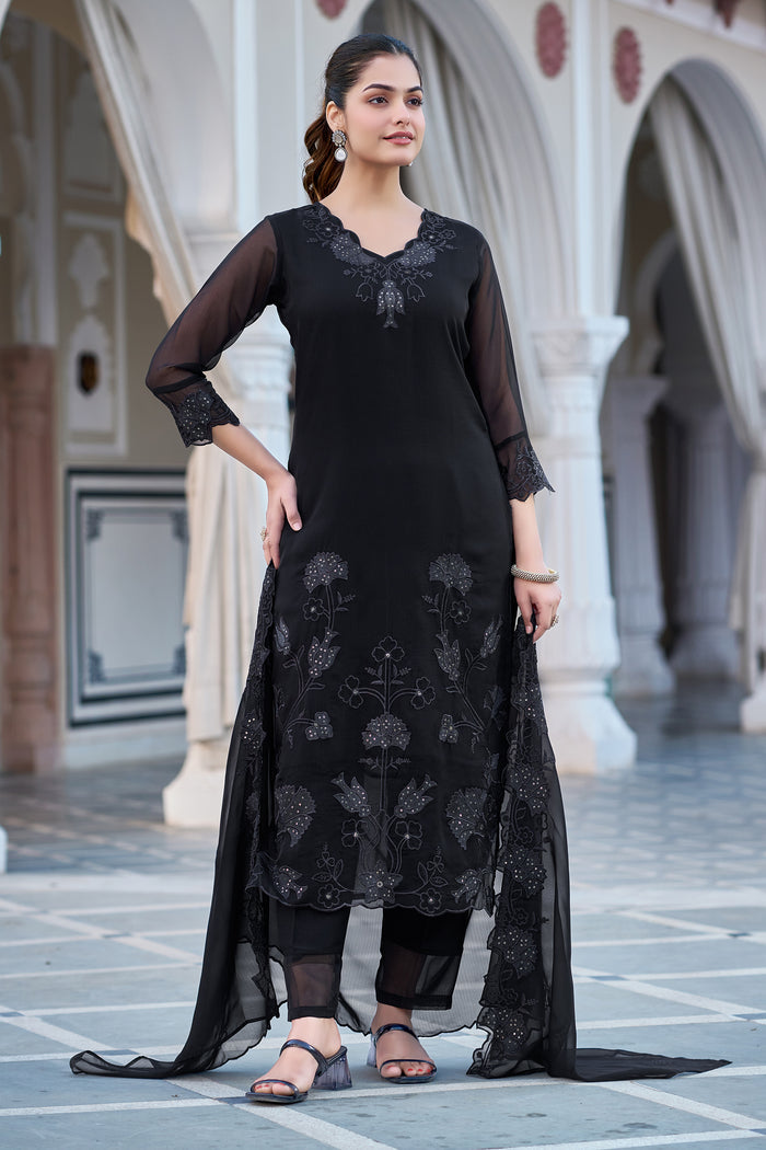 Jet Black Georgette Tonal Straight Kurta Pant Suit Set with Dupatta