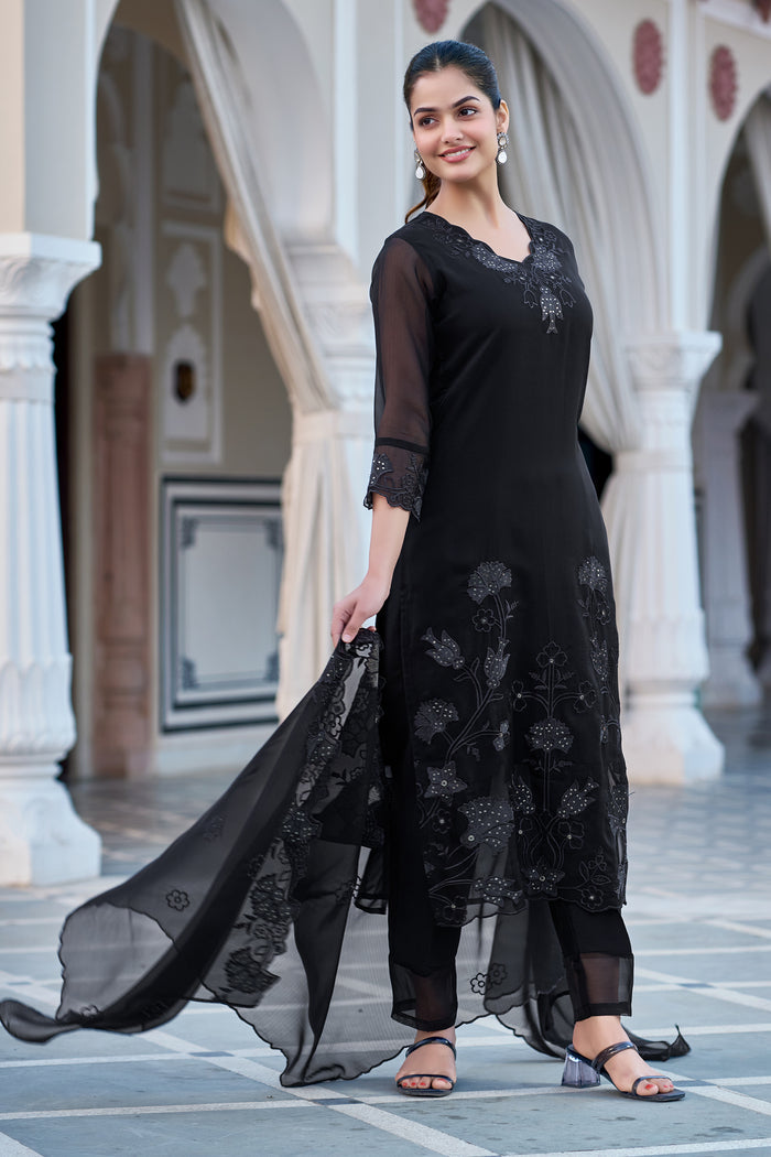 Jet Black Georgette Tonal Straight Kurta Pant Suit Set with Dupatta