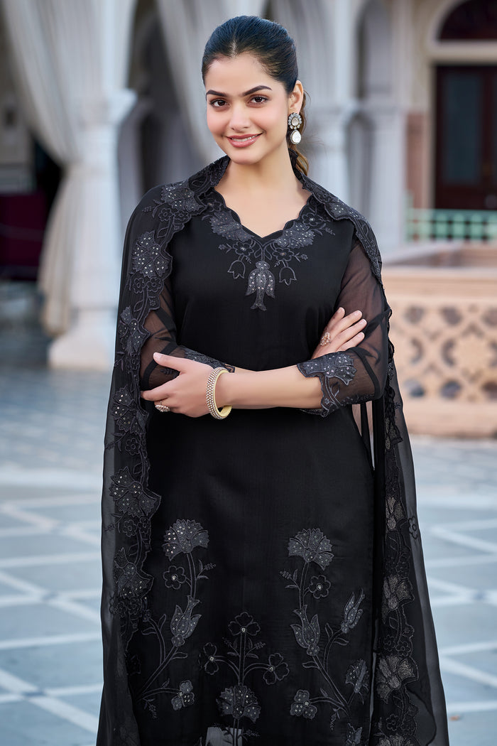 Jet Black Georgette Tonal Straight Kurta Pant Suit Set with Dupatta