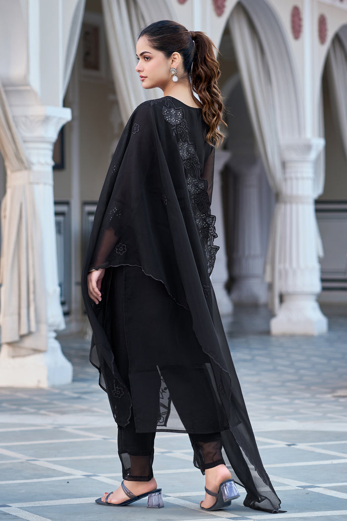 Jet Black Georgette Tonal Straight Kurta Pant Suit Set with Dupatta
