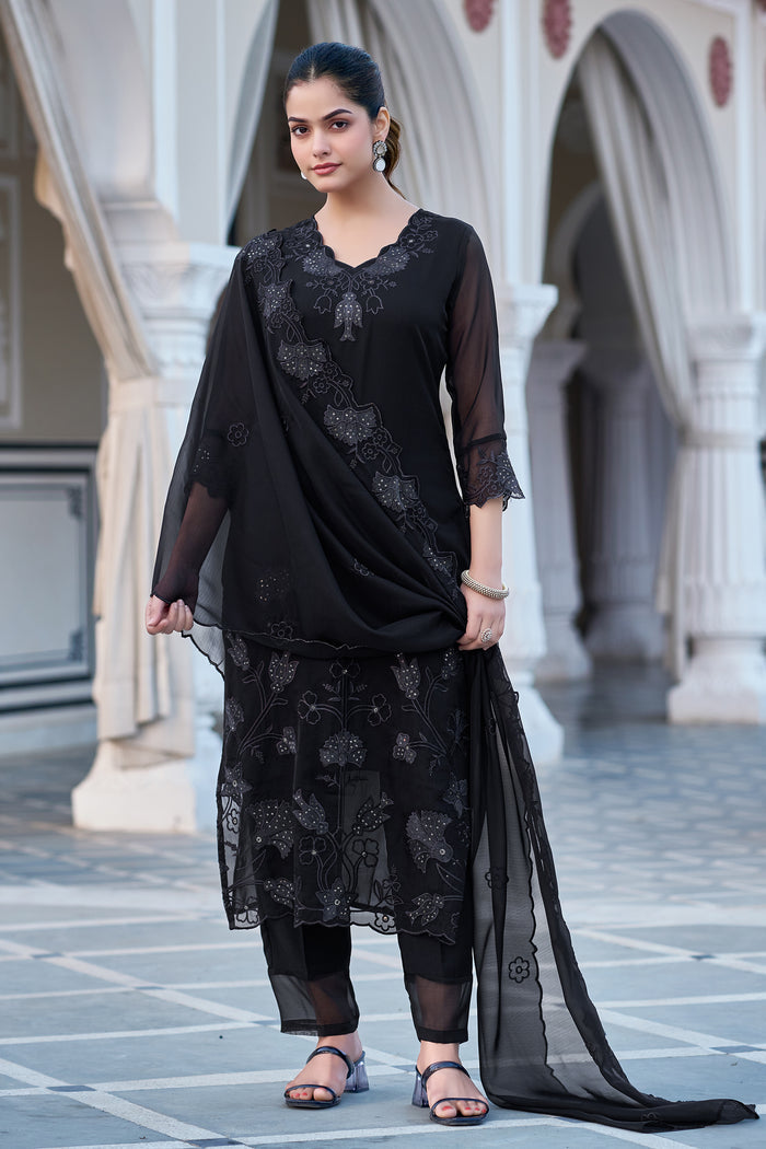 Jet Black Georgette Tonal Straight Kurta Pant Suit Set with Dupatta