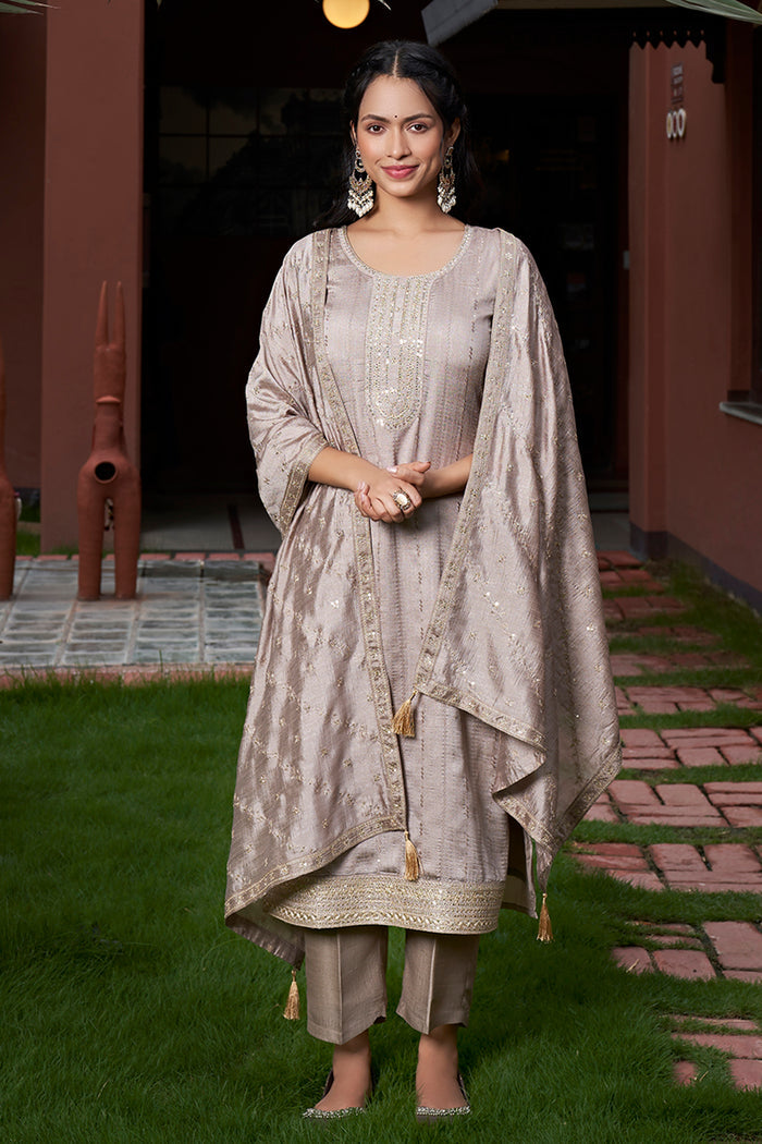 Muted Taupe Grey Vichitra Silk Straight Kurta Pant Suit Set with Dupatta