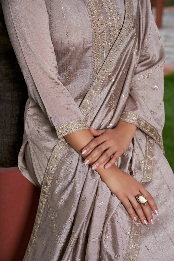 Muted Taupe Grey Vichitra Silk Straight Kurta Pant Suit Set with Dupatta