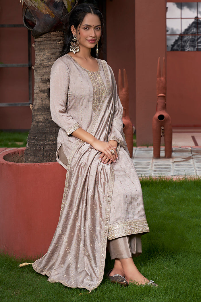 Muted Taupe Grey Vichitra Silk Straight Kurta Pant Suit Set with Dupatta