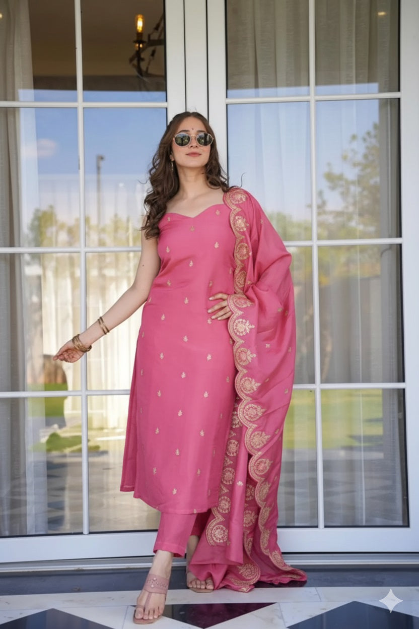 Blush Pink Chanderi Straight Kurta Pant Suit Set with Scalloped Dupatta
