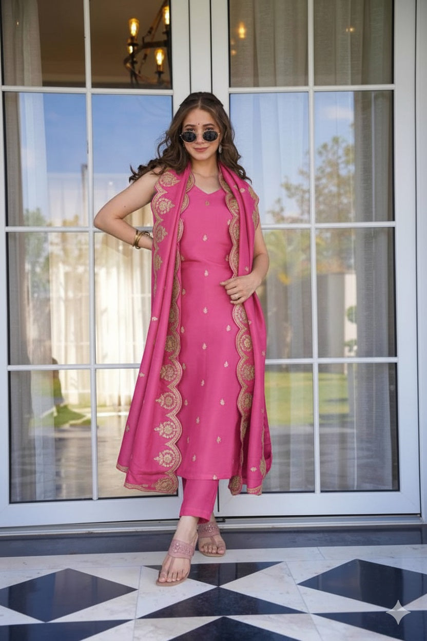 Blush Pink Chanderi Straight Kurta Pant Suit Set with Scalloped Dupatta