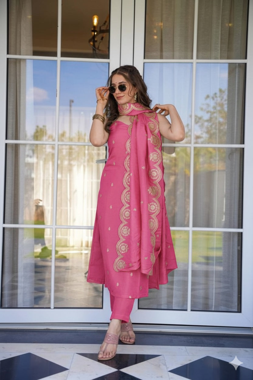 Blush Pink Chanderi Straight Kurta Pant Suit Set with Scalloped Dupatta
