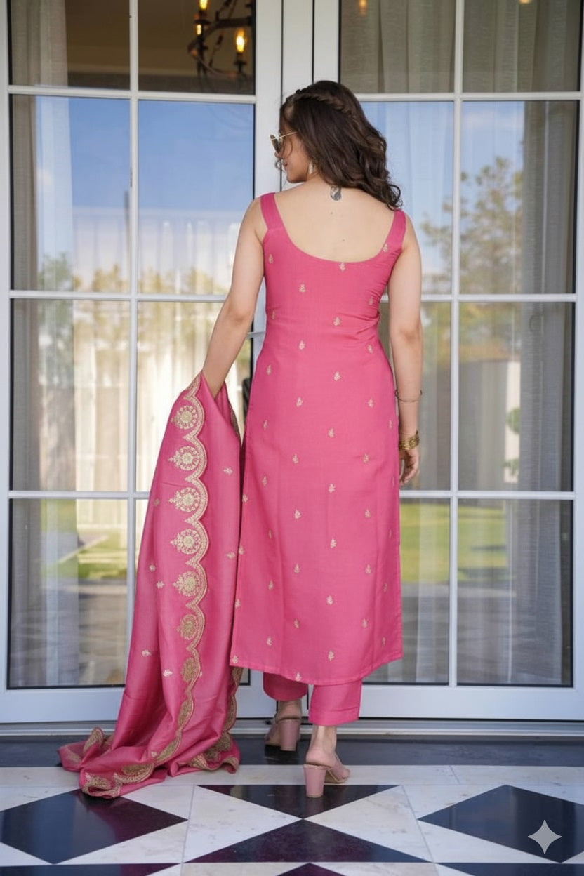 Blush Pink Chanderi Straight Kurta Pant Suit Set with Scalloped Dupatta