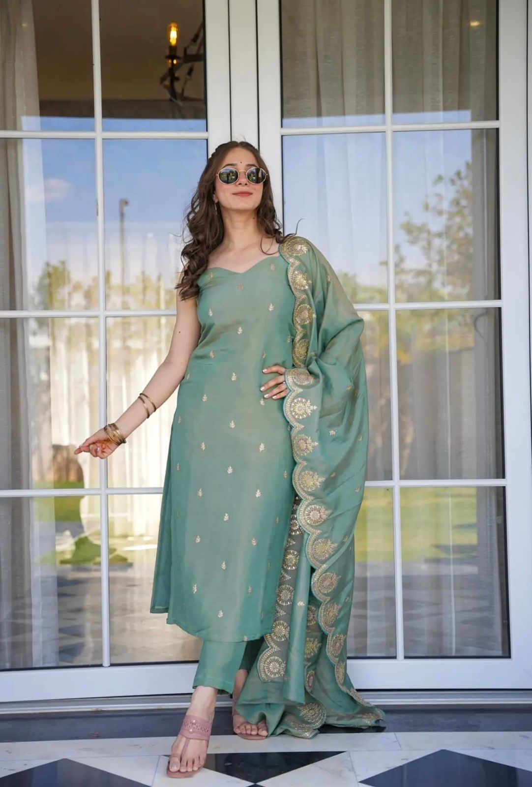 Sea Green Chanderi Straight Kurta Pant Suit Set with Scalloped Dupatta