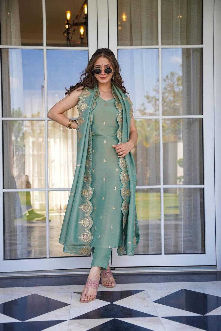 Sea Green Chanderi Straight Kurta Pant Suit Set with Scalloped Dupatta