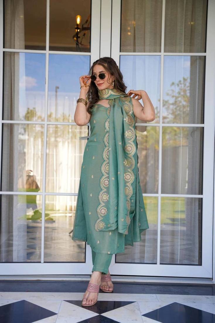 Sea Green Chanderi Straight Kurta Pant Suit Set with Scalloped Dupatta